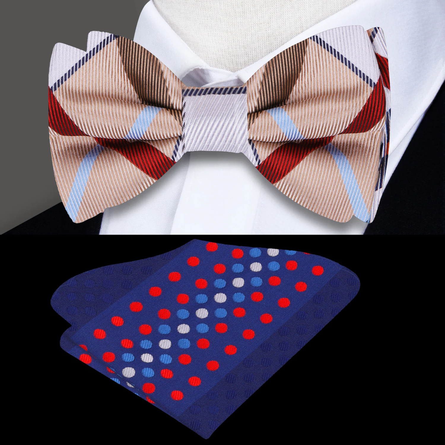 Brown, Blue Plaid Bow Tie and Blue Red Polka Square