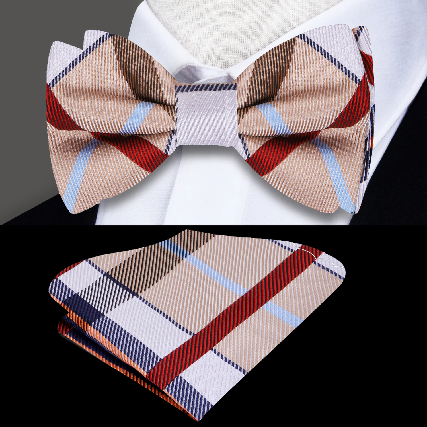 View 3: A Cream, White, Blue, Red Plaid Pattern Silk Self Tie Bow Tie, Matching Pocket Square