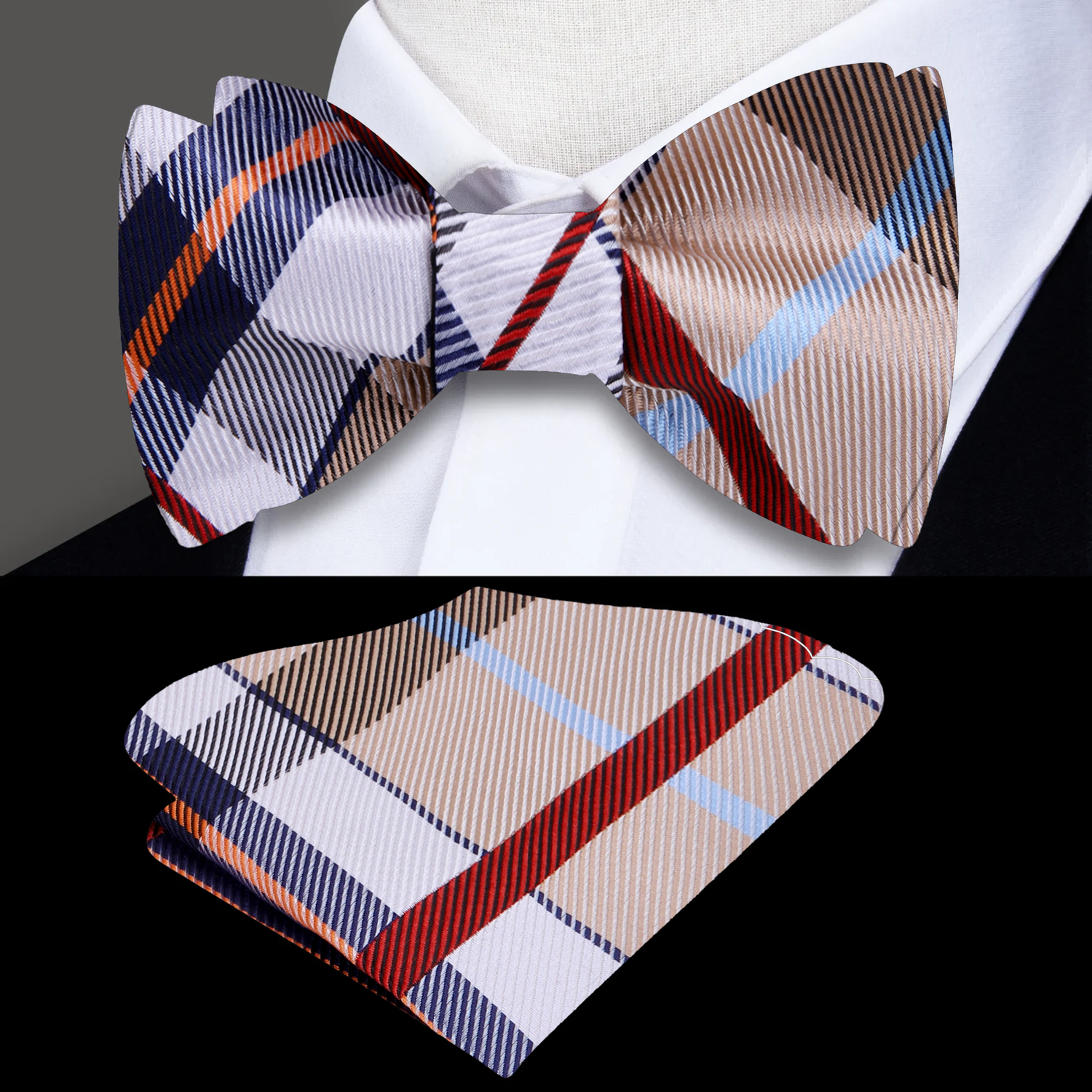 View 2: A Cream, White, Blue, Red Plaid Pattern Silk Self Tie Bow Tie, Matching Pocket Square