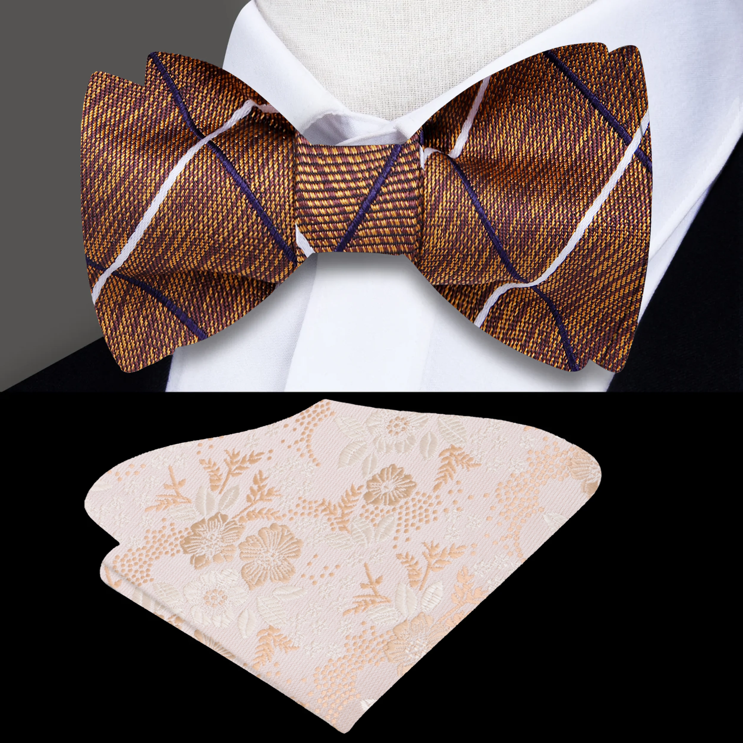 Brown Plaid Bow Tie and Accenting Light Brown Floral Square