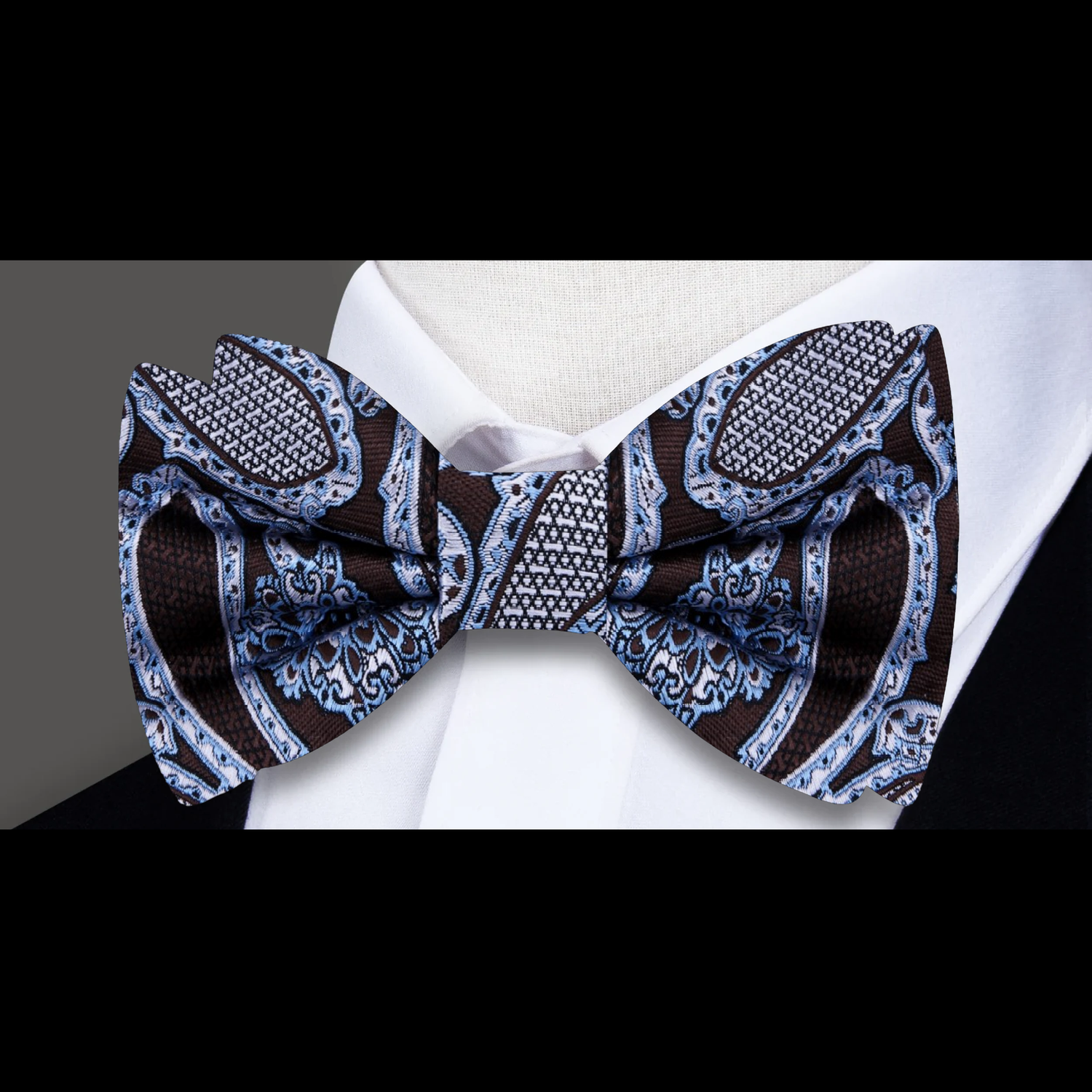 Single A Brown, White, Ice Blue Detailed Paisley Pattern Silk Self Tie Bow Tie