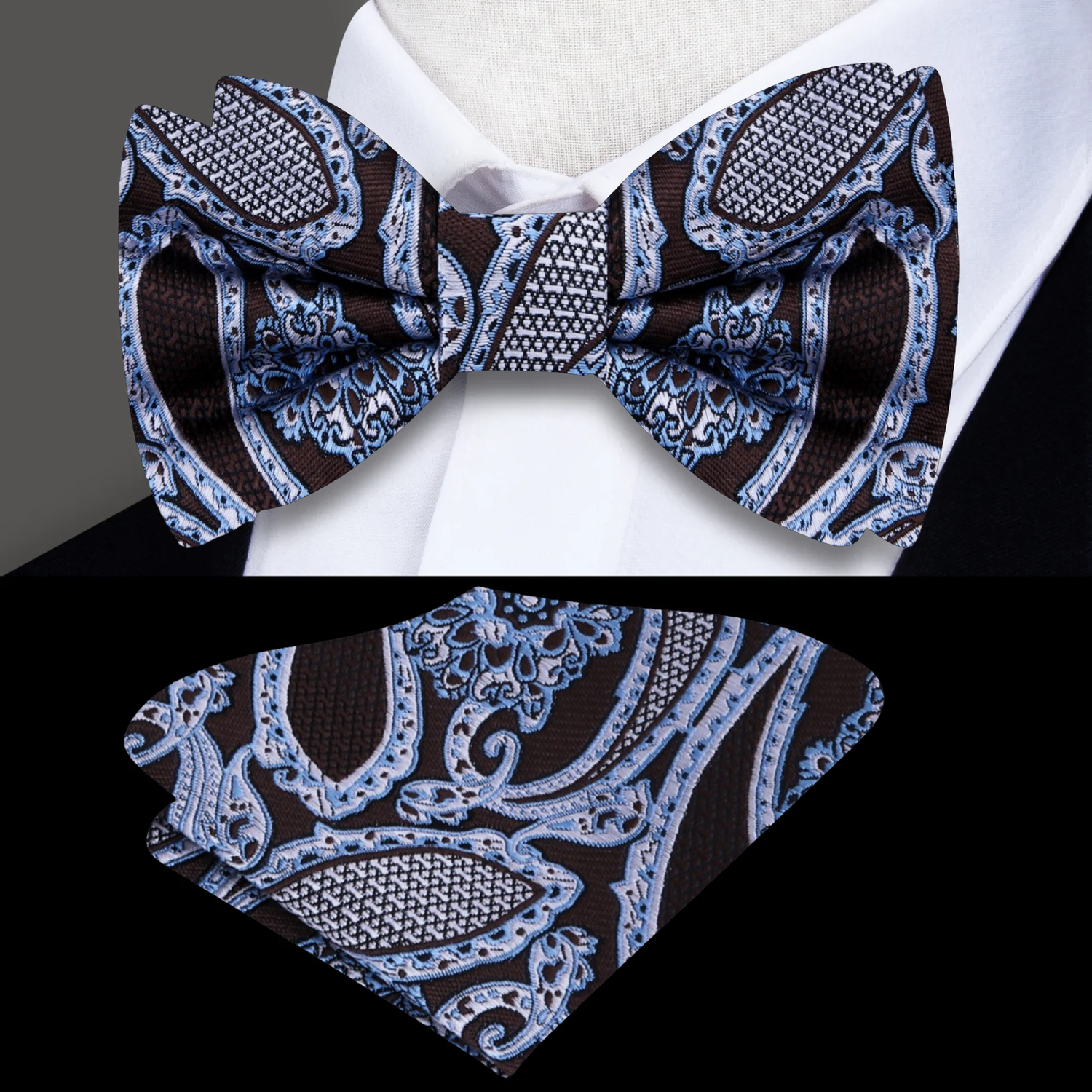 A Brown, White, Ice Blue Detailed Paisley Pattern Silk Self Tie Bow Tie, Matching Pocket Square
