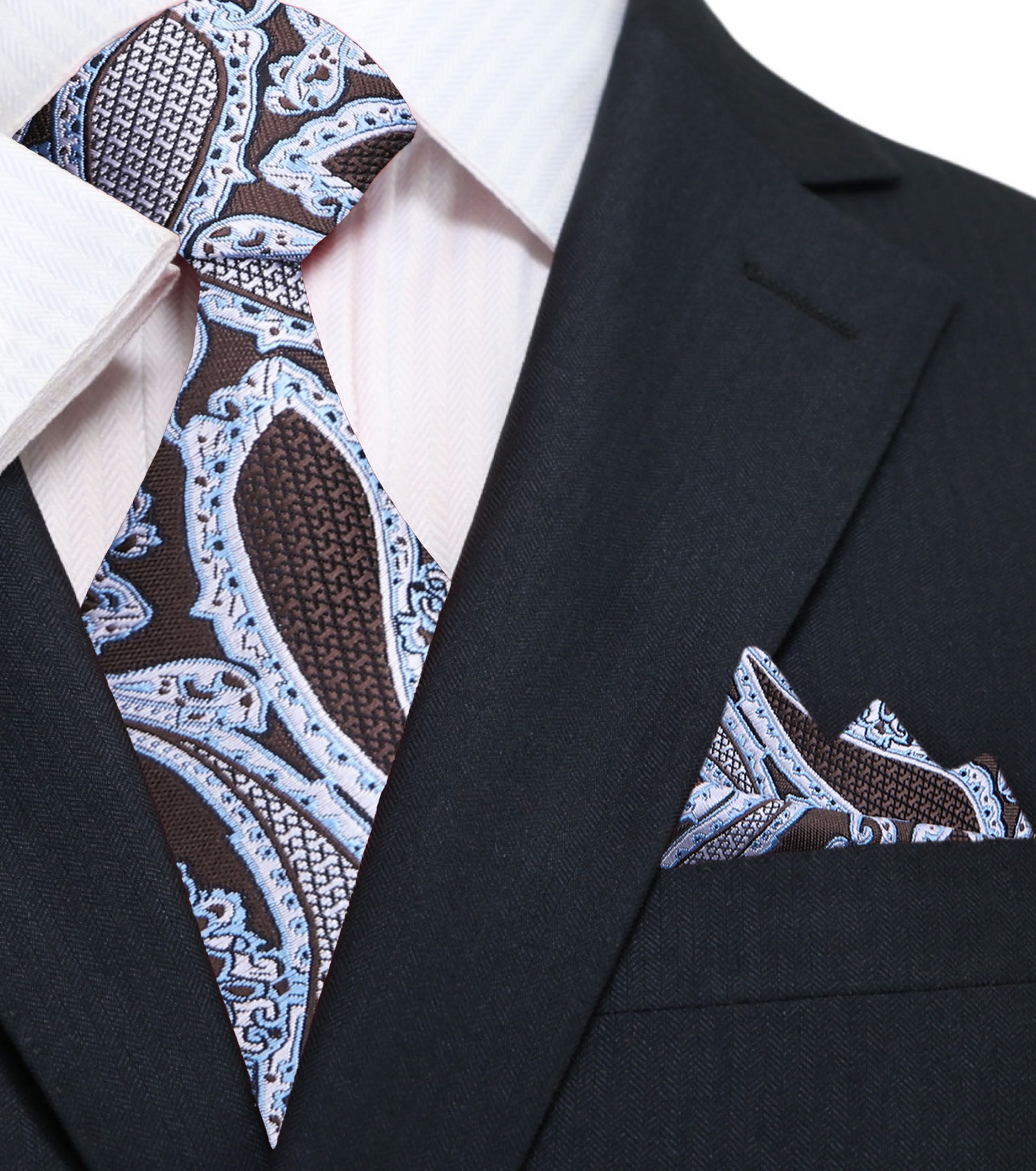 A Brown, Ice Blue, White Paisley Pattern Silk Necktie, With Matching Pocket Square