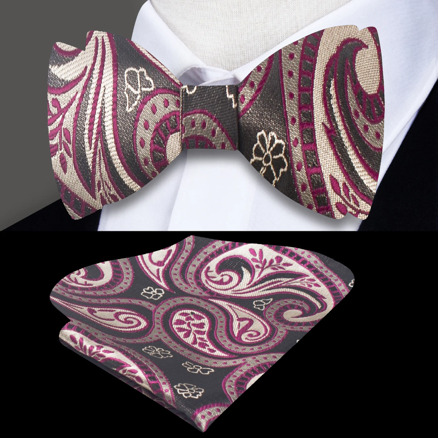 Brown, Red Paisley Bow tie and Pocket Square