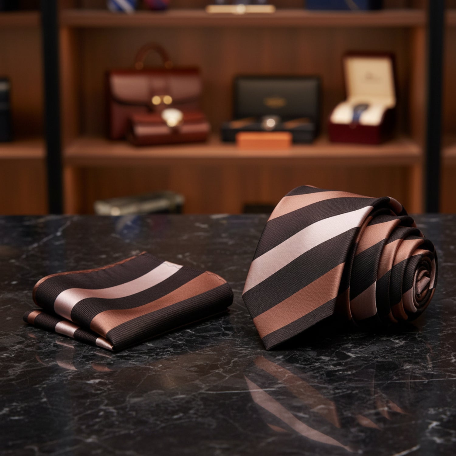 A men's necktie and matching pocket square set, both featuring diagonal stripes in dark brown, light tan, and pale pink on a white background.