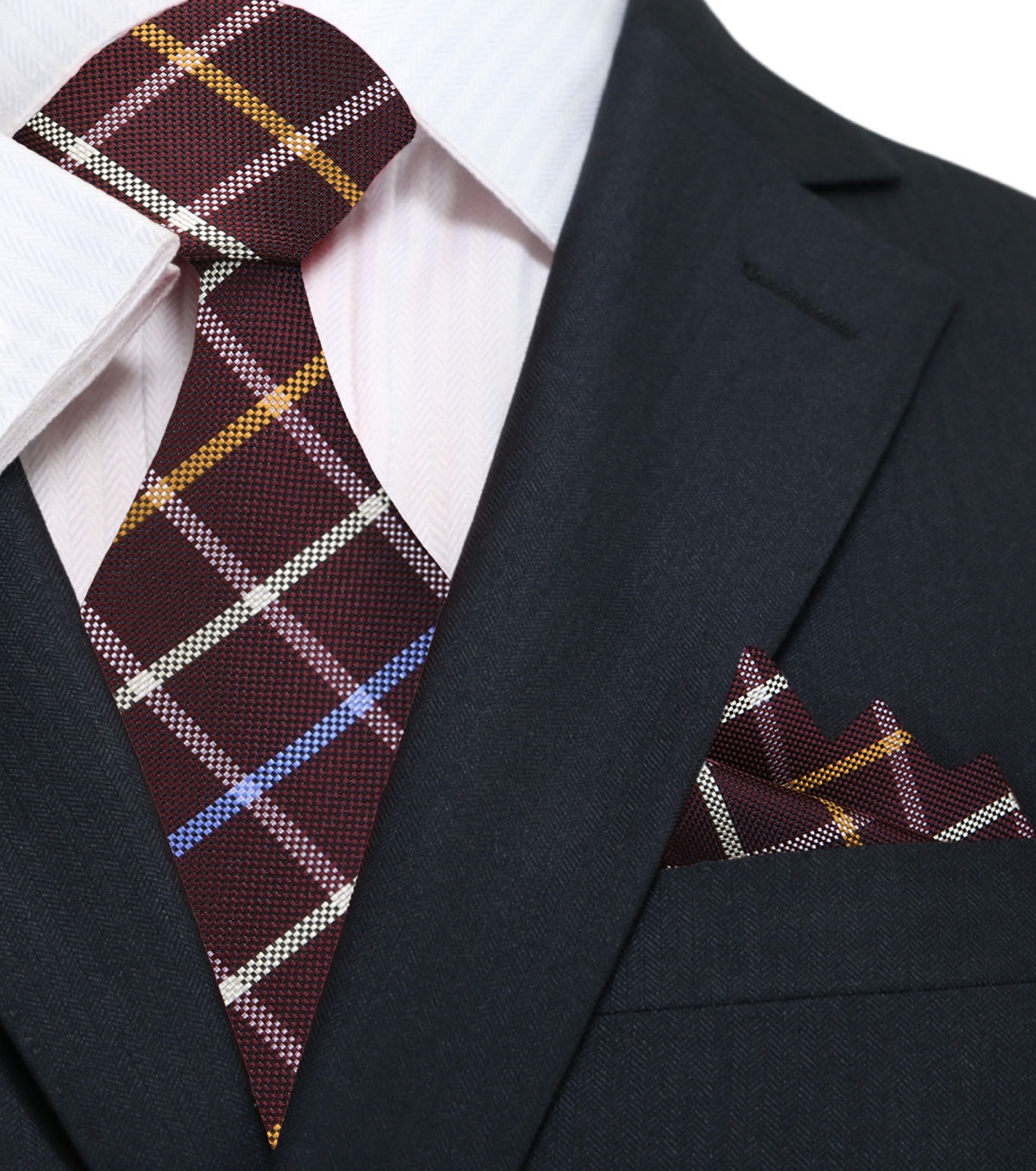 A Mahogany, Brown, Cream With Geometric Diamond Pattern And Small Checks Pattern Silk Necktie With Matching Pocket Square