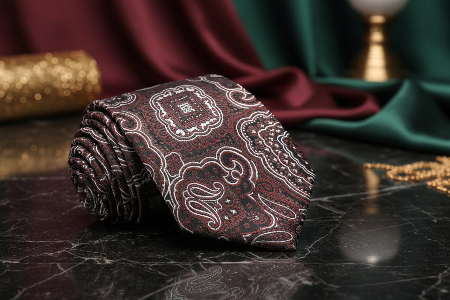 Patterned tie with brown and white design on a luxurious background