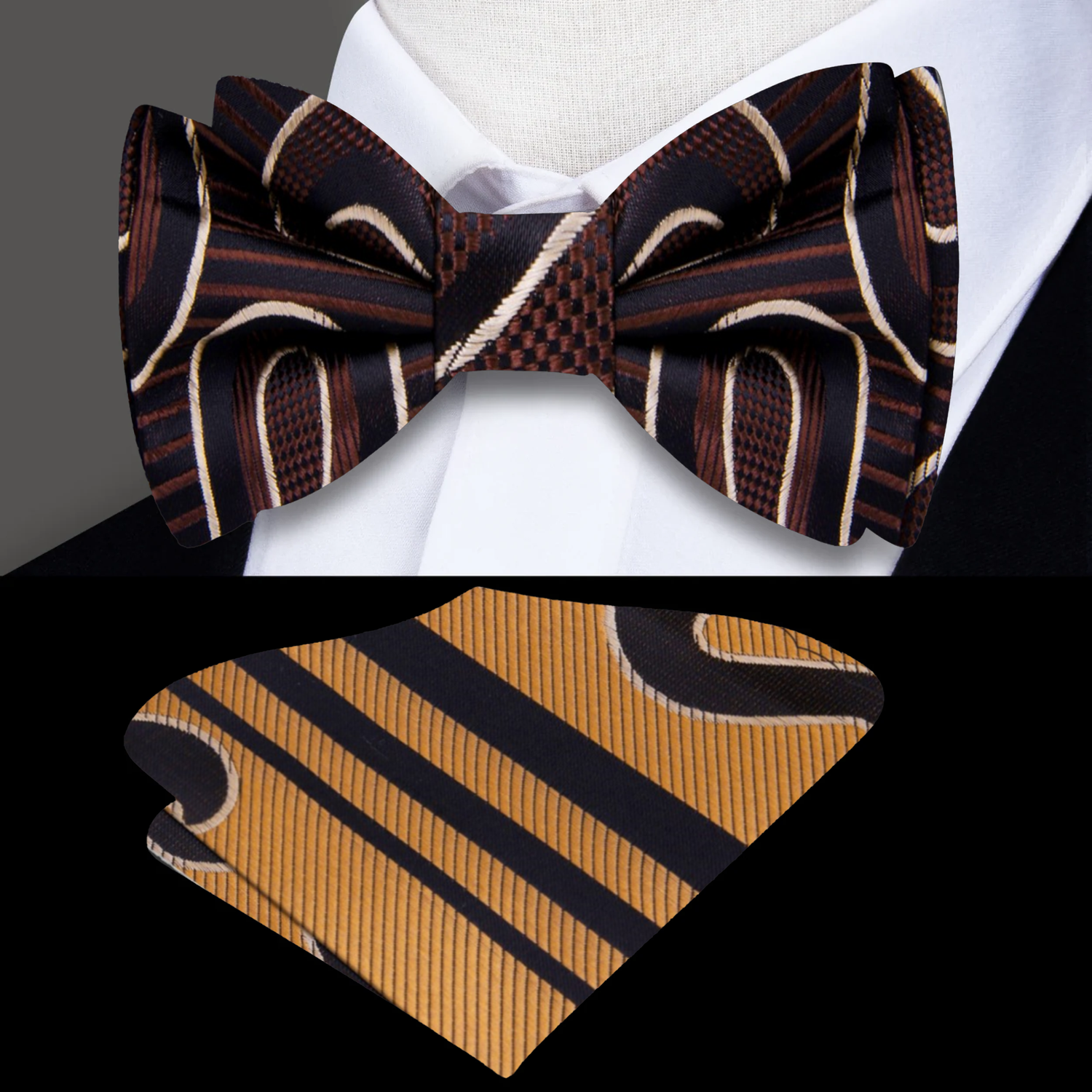 A Black, Gold, Brown Paisley Pattern Silk Self Tie Bow Tie, Matching Pocket Square