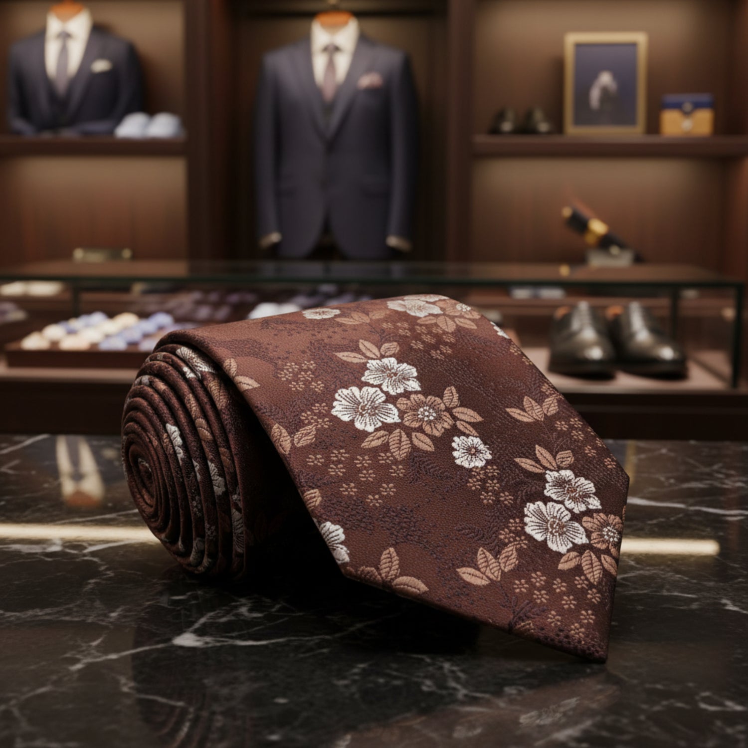 Brown Floral patterned tie 