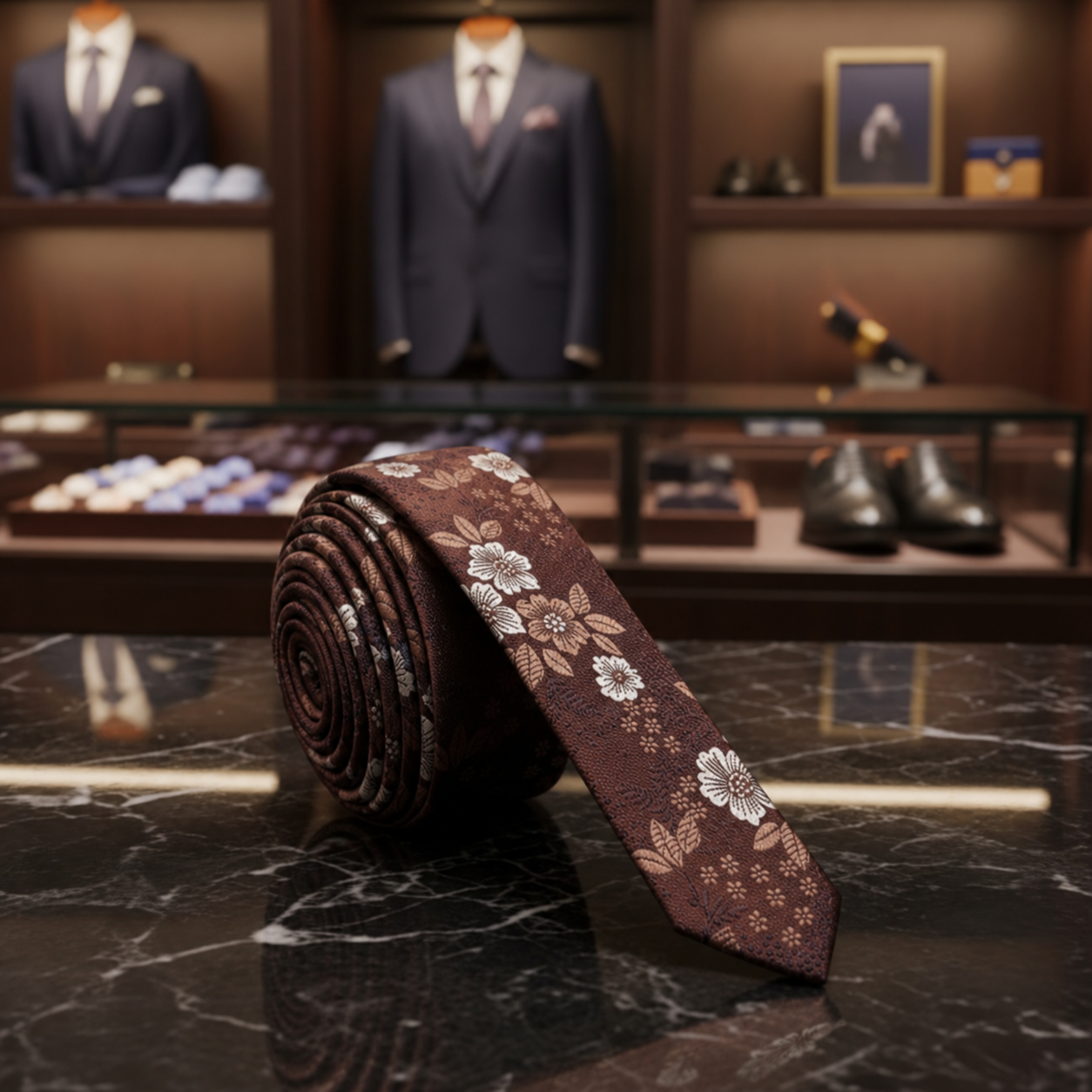 thin brown floral tie