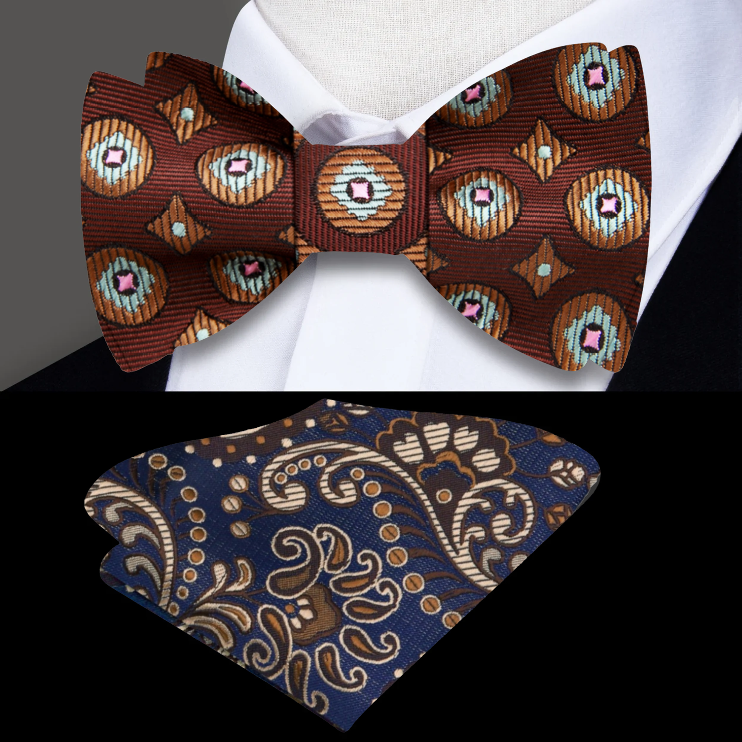 Brown Geometric Bow Tie and Accenting Blue Paisley Square