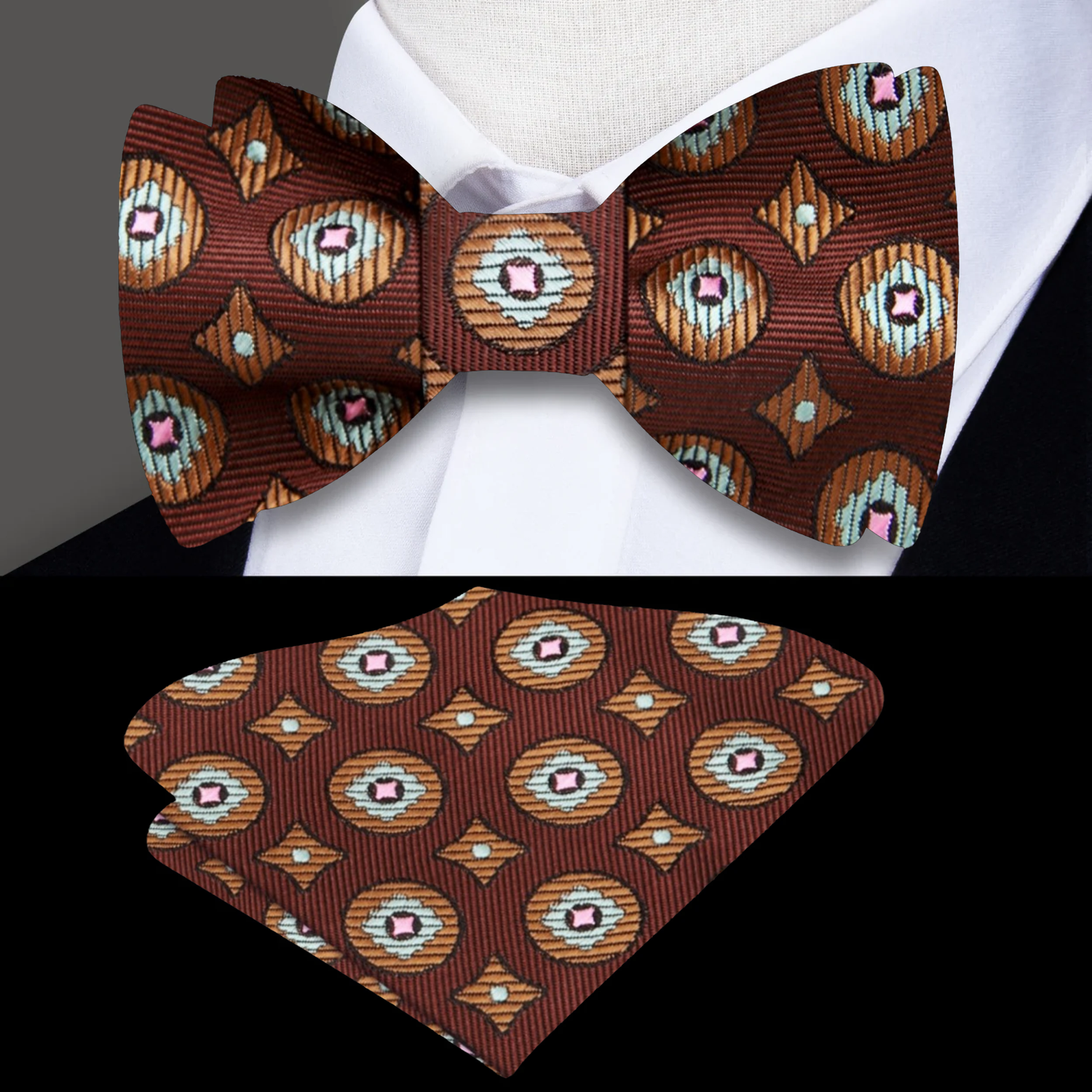 A Brown, Pink Geometric Circles and Diamonds Pattern Silk Self Tie Bow Tie, Matching Pocket Square