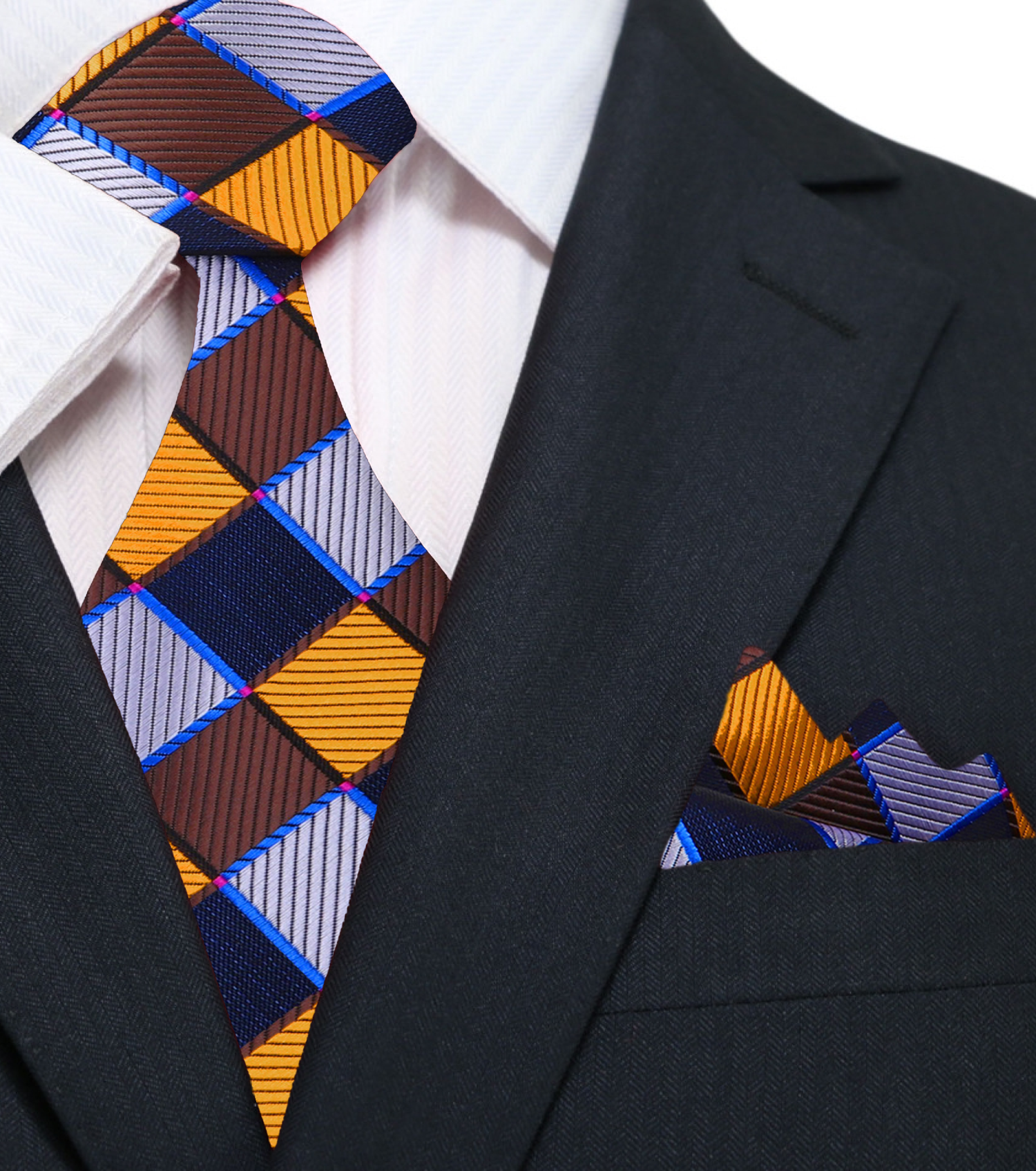 A Gold, Brown, Blue, Grey Geometric Check Pattern Necktie With Matching Pocket Square and Cuff-links
