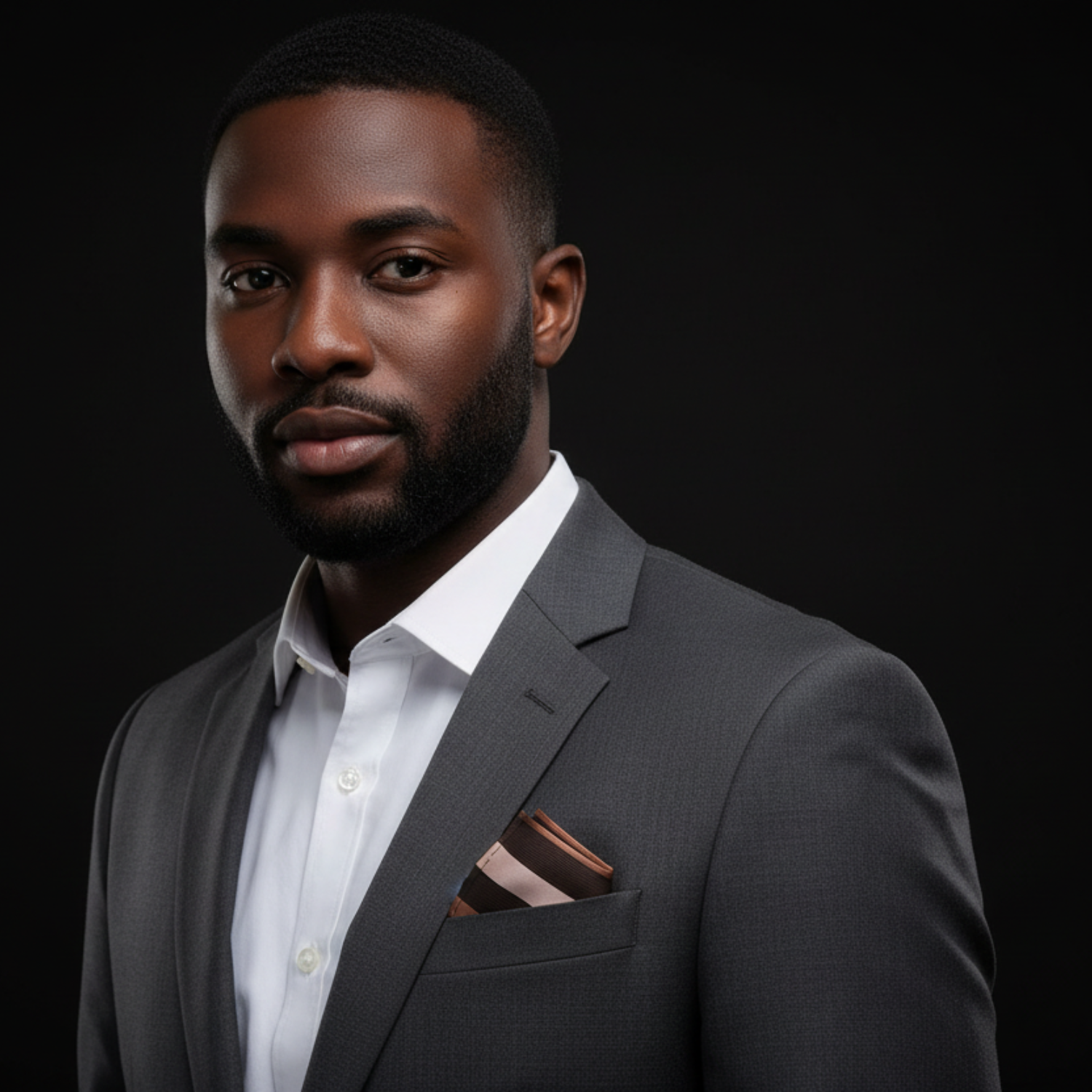 Man wearing grey suit with brown stripe square