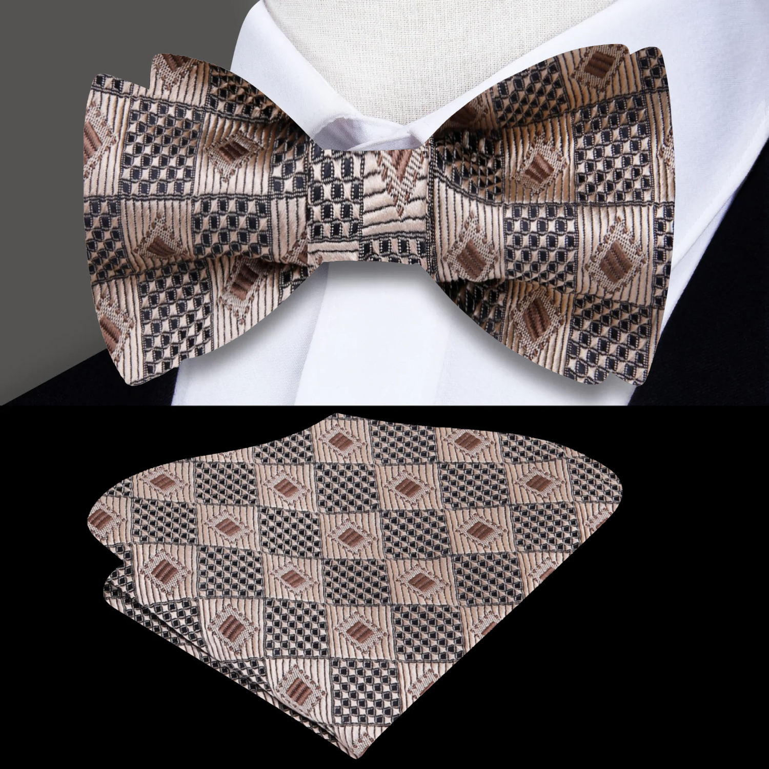 Gold, Brown Geometric Diamonds Bow Tie and Pocket Square