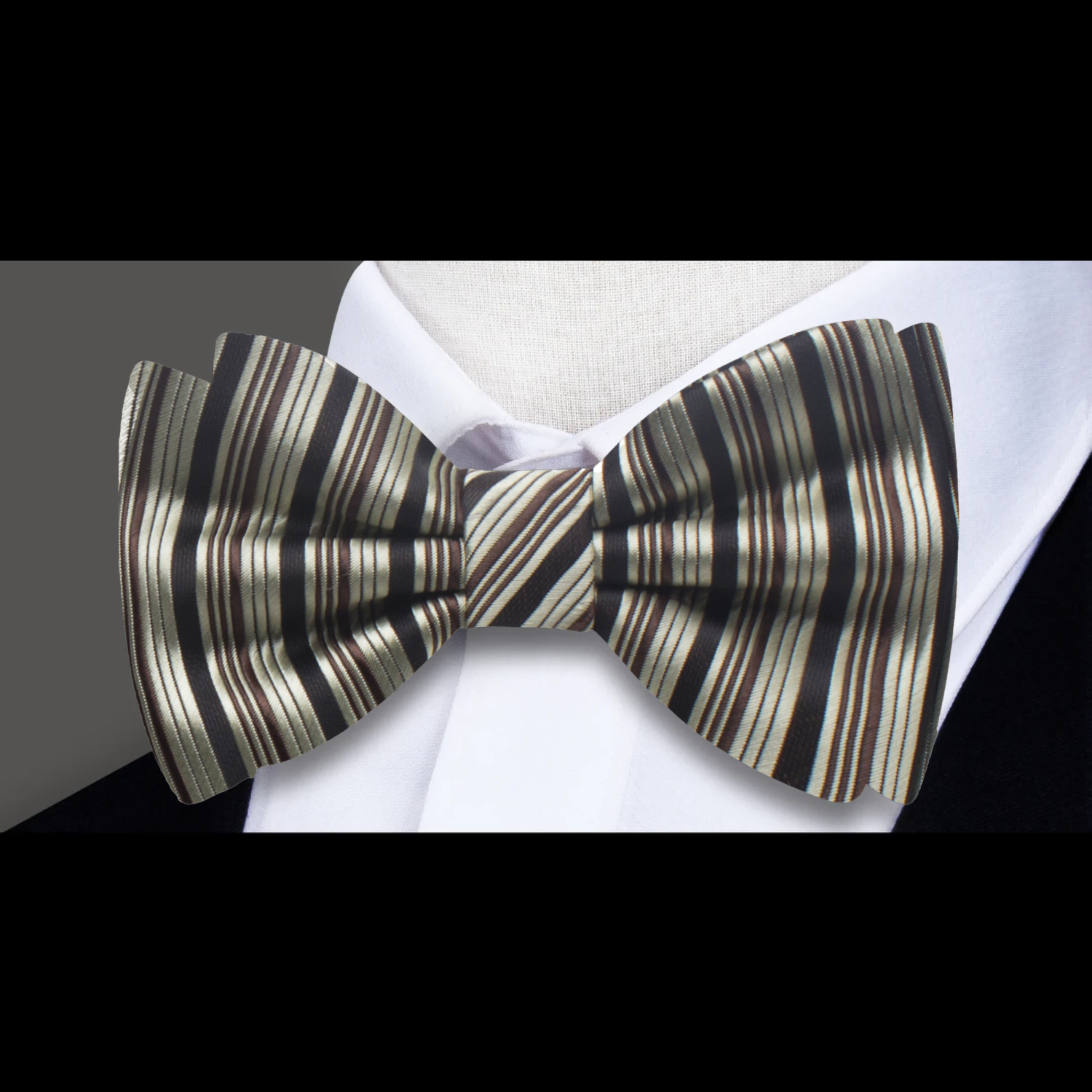 A Brown, Gold, Black Stripe Pattern Silk Pre Tied Bow Tie 