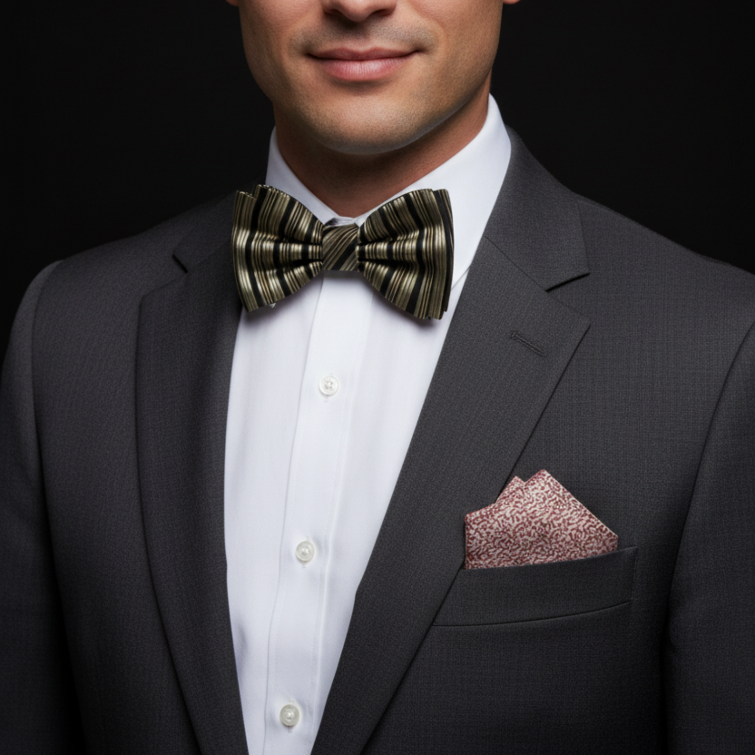 Man wearing a dark suit with a striped bow tie and patterned pocket square on a black background