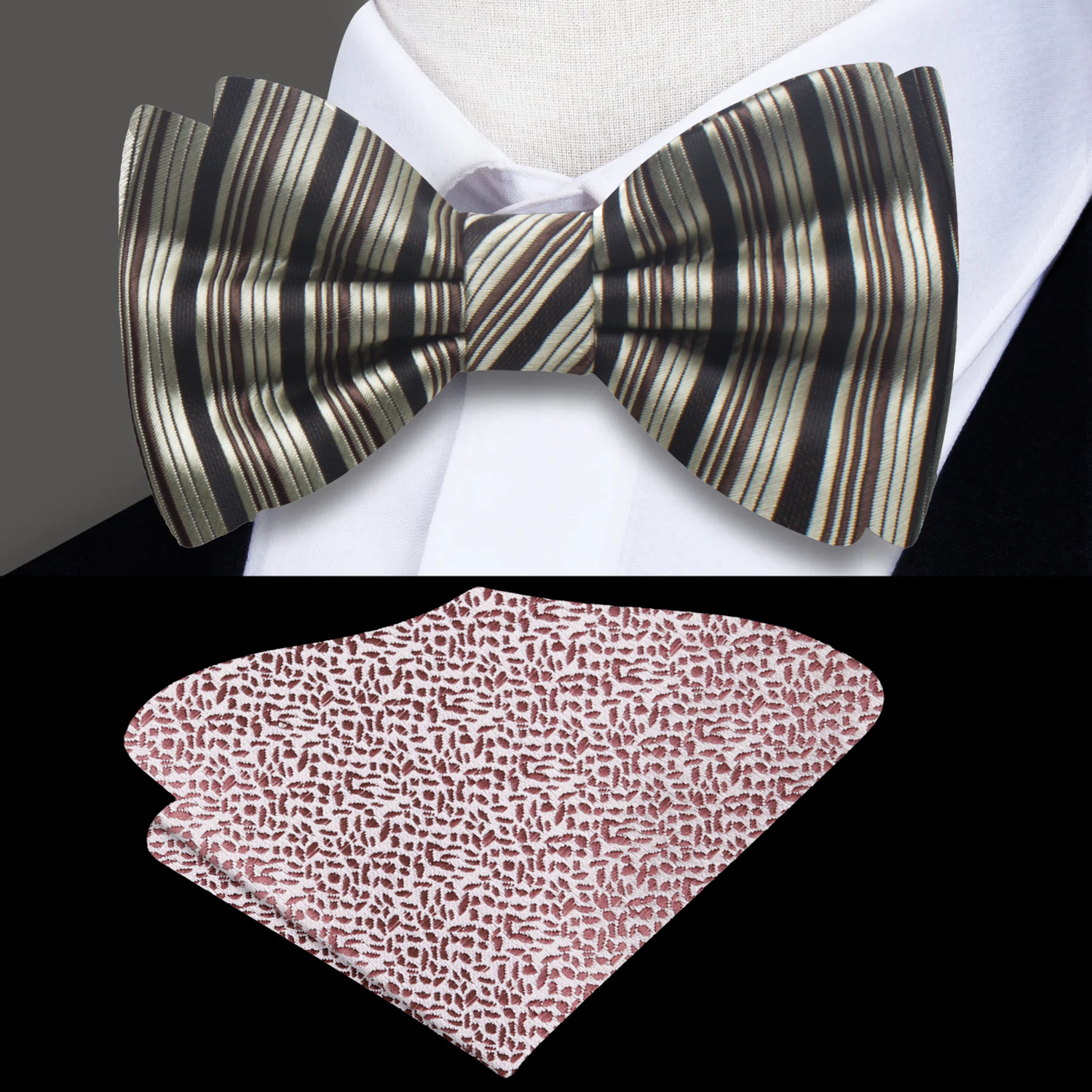 A Brown, Gold, Black Stripe Pattern Silk Pre Tied Bow Tie, Accenting Pocket Square