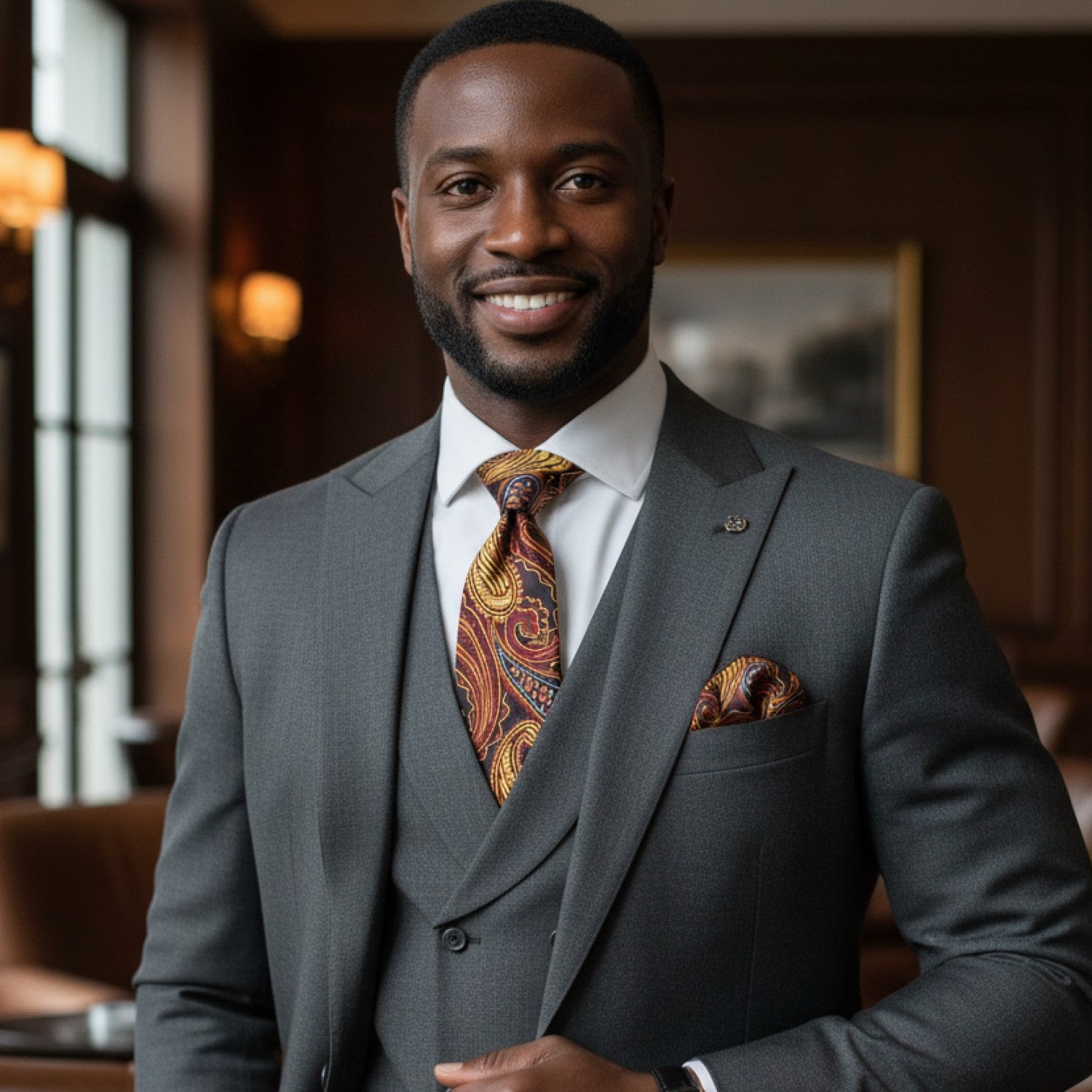 Man in a gray suit with a patterned tie in an indoor setting