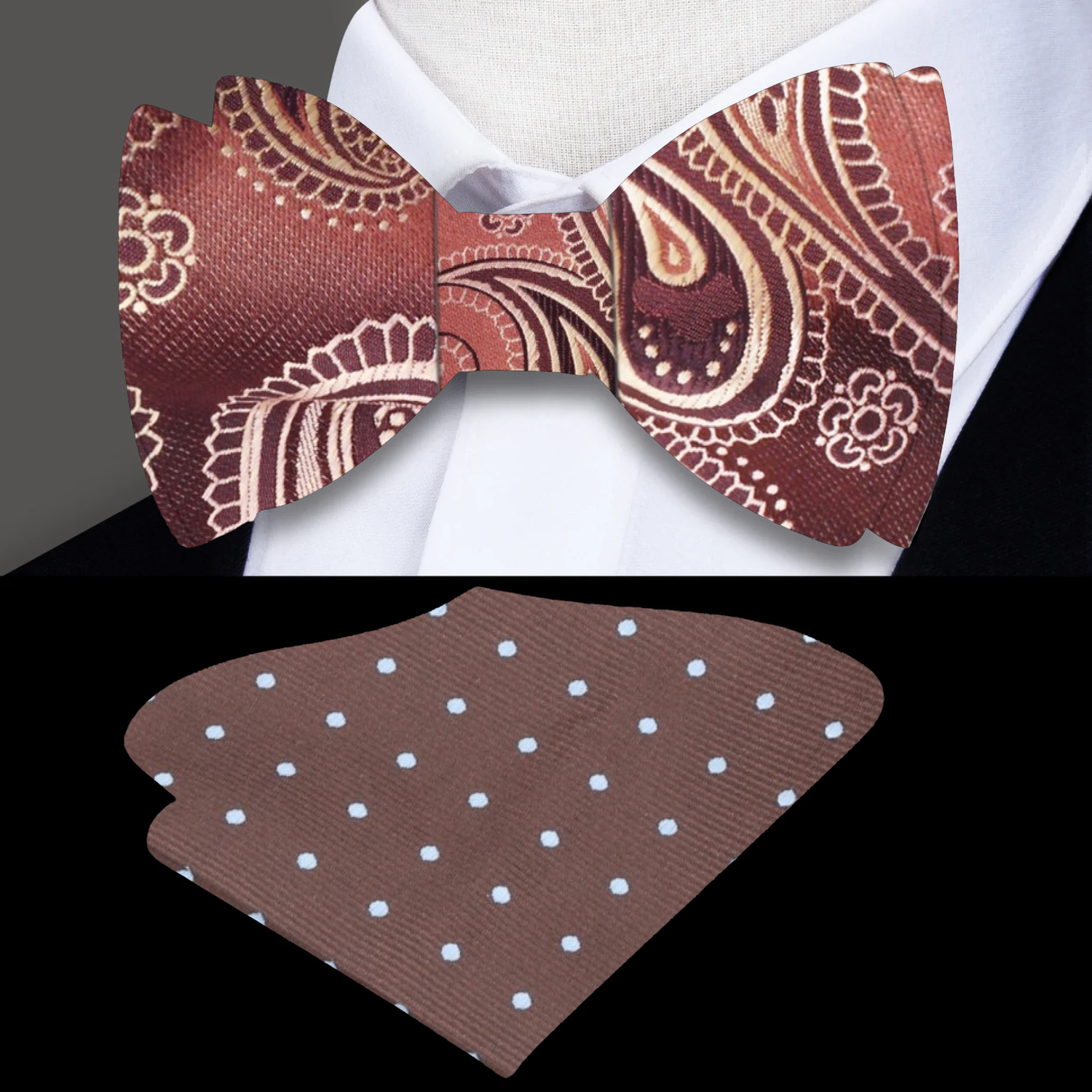 Brown and Gold Paisley Self Tie Bow Tie and Accenting Polka Square