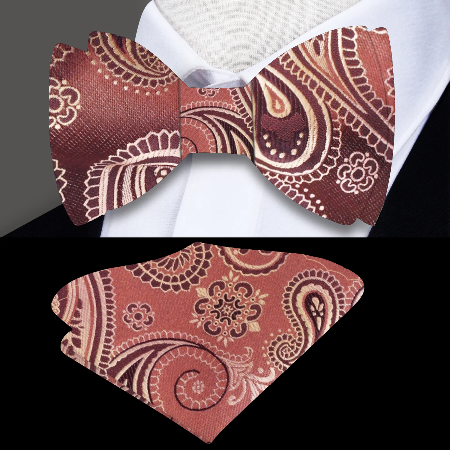 Brown and Gold Paisley Self Tie Bow Tie and Square