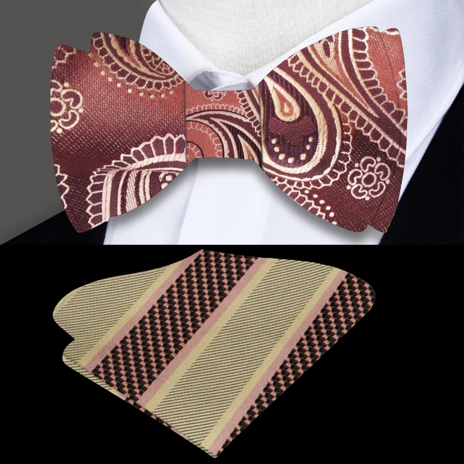 Brown and Gold Paisley Self Tie Bow Tie and Accenting Stripe Square