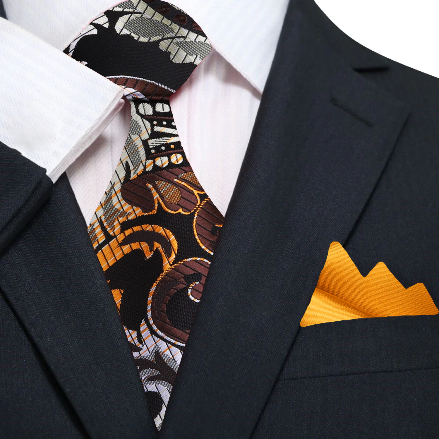 Main A Brown, Yellow Paisley Pattern Silk Necktie, With Bright Gold Pocket Square