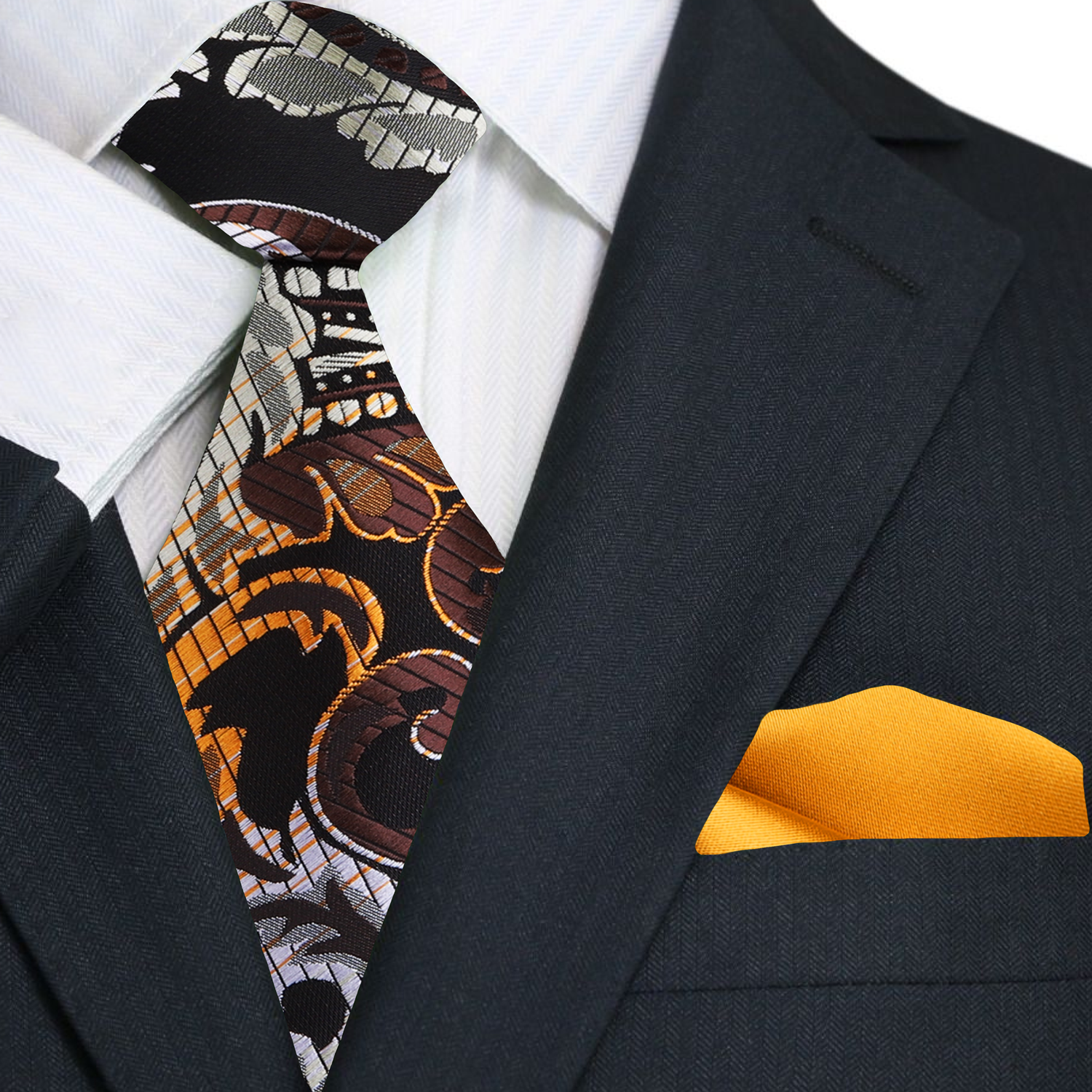 Brown, Gold and White Paisley Tie and Yellow Square