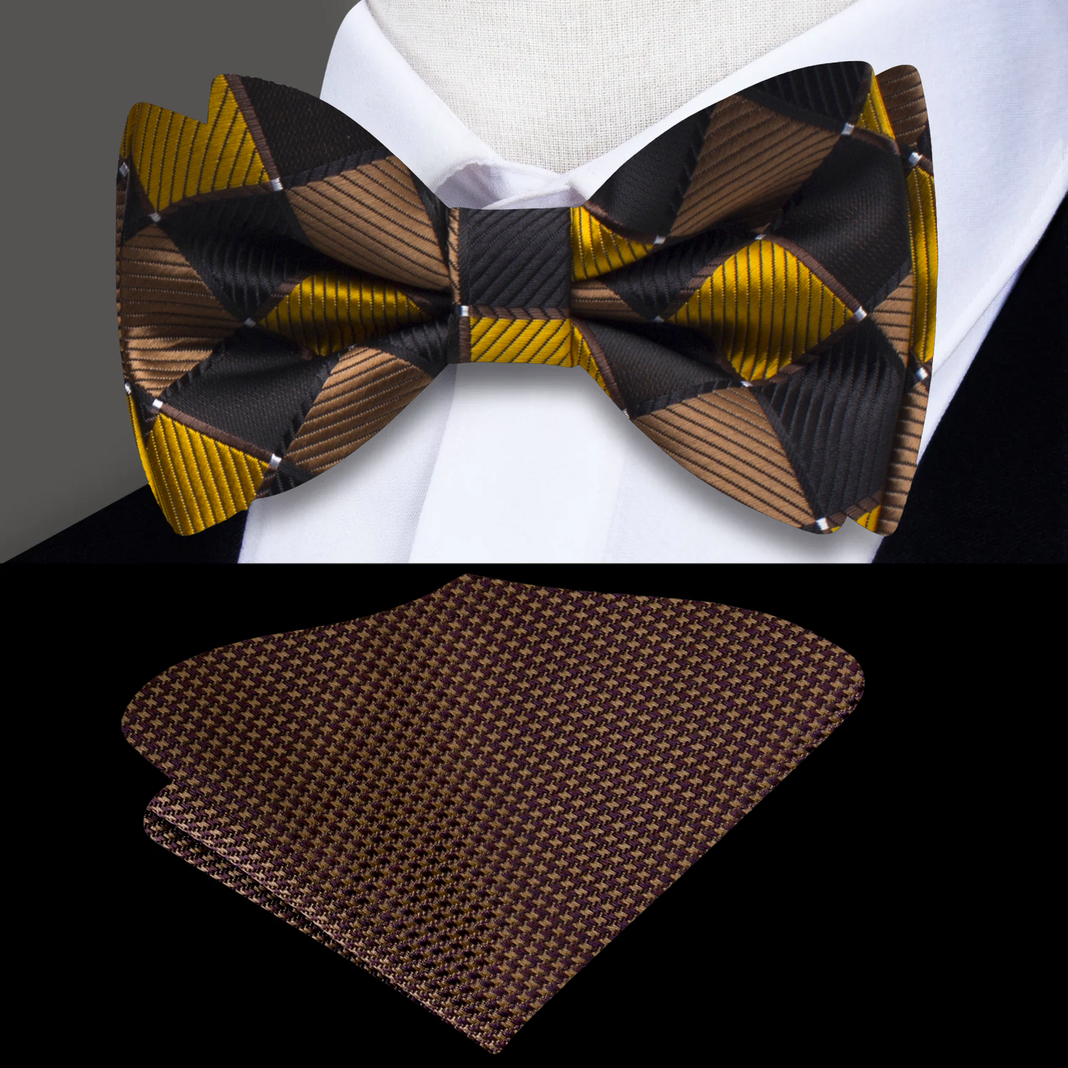 Brown, Gold Diamonds Bow Tie and Accenting Square