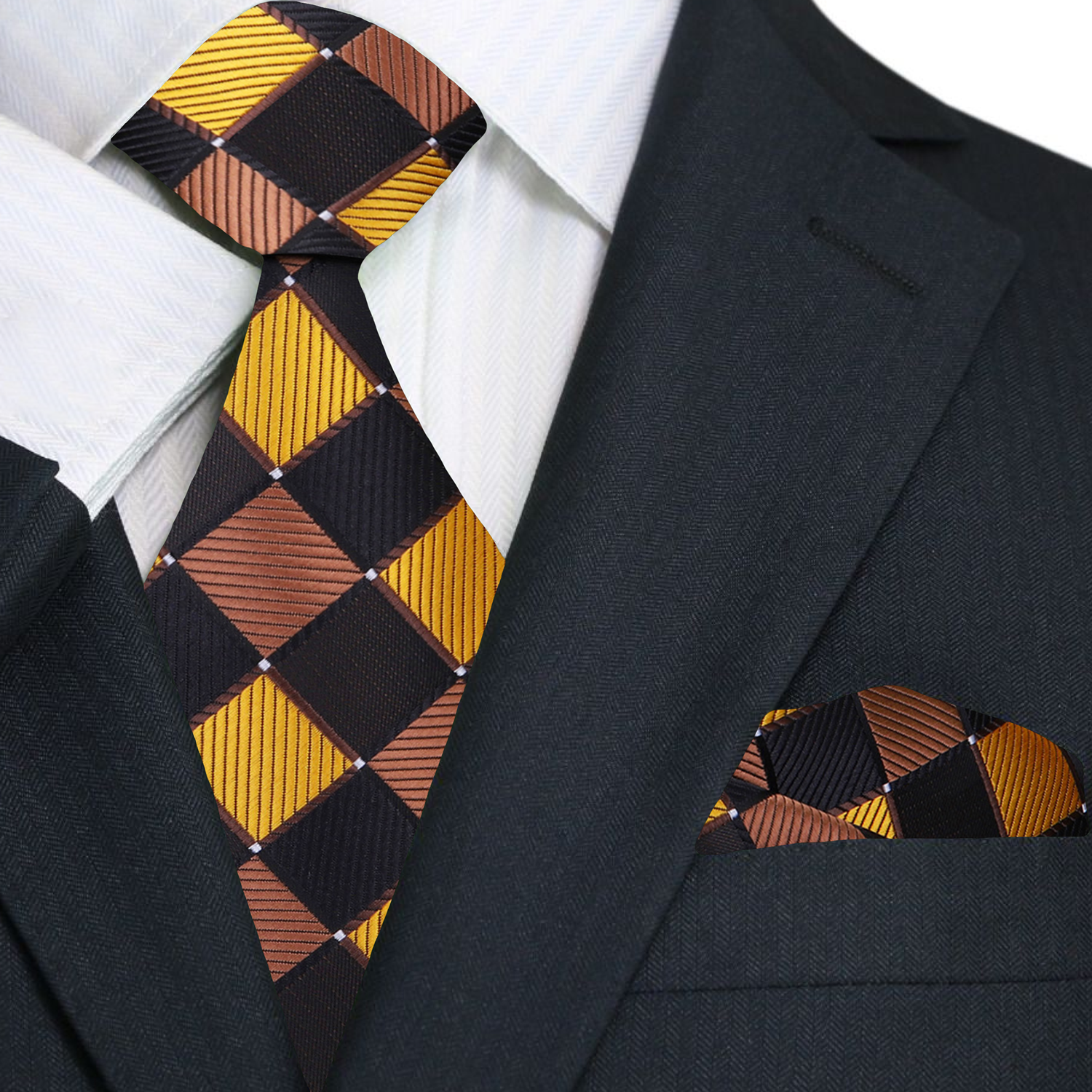 Black suit with a patterned tie and pocket square on a white background