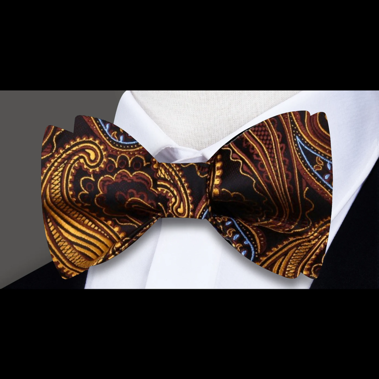 A Gold, Brown Paisley Pattern Silk Self Tie Bow Tie