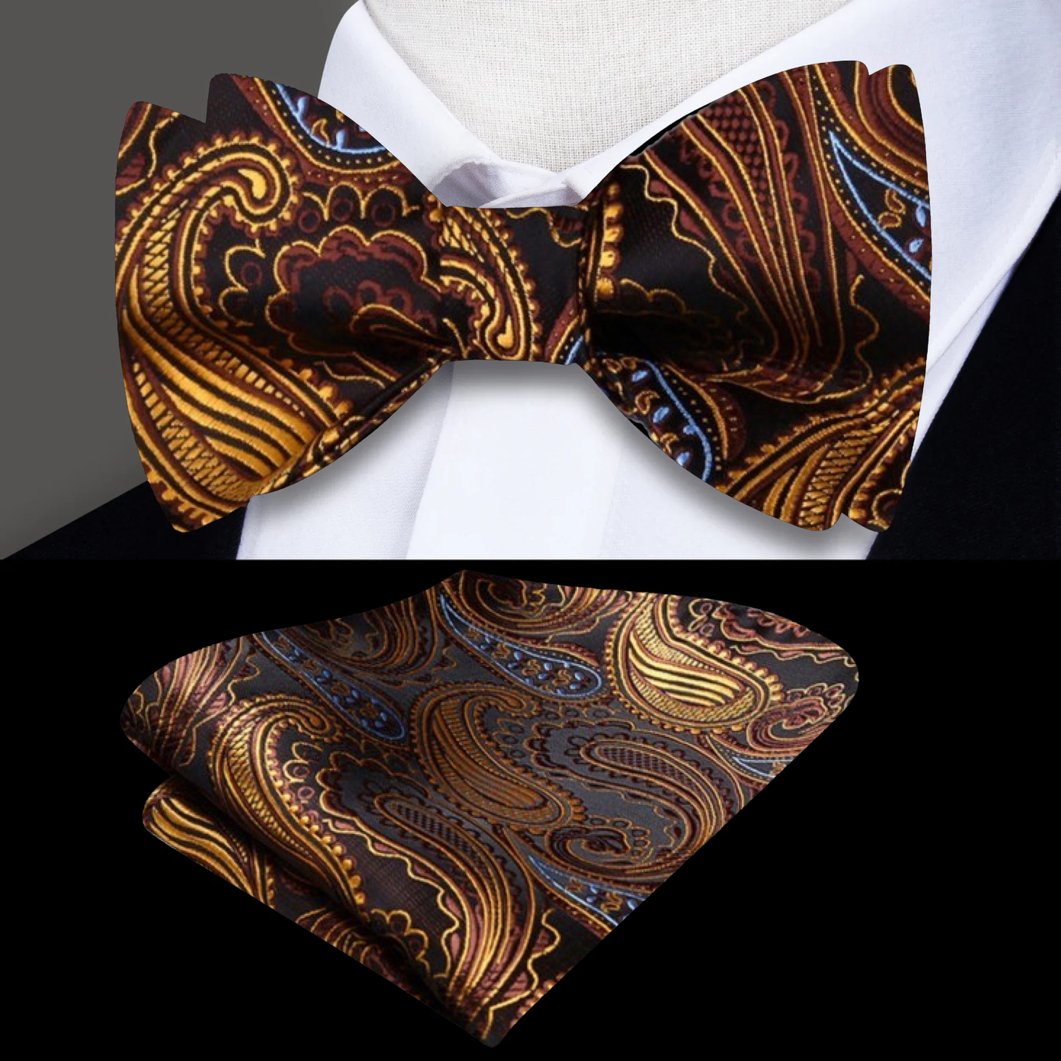 A Gold, Brown Paisley Pattern Silk Self Tie Bow Tie, Matching Pocket Square