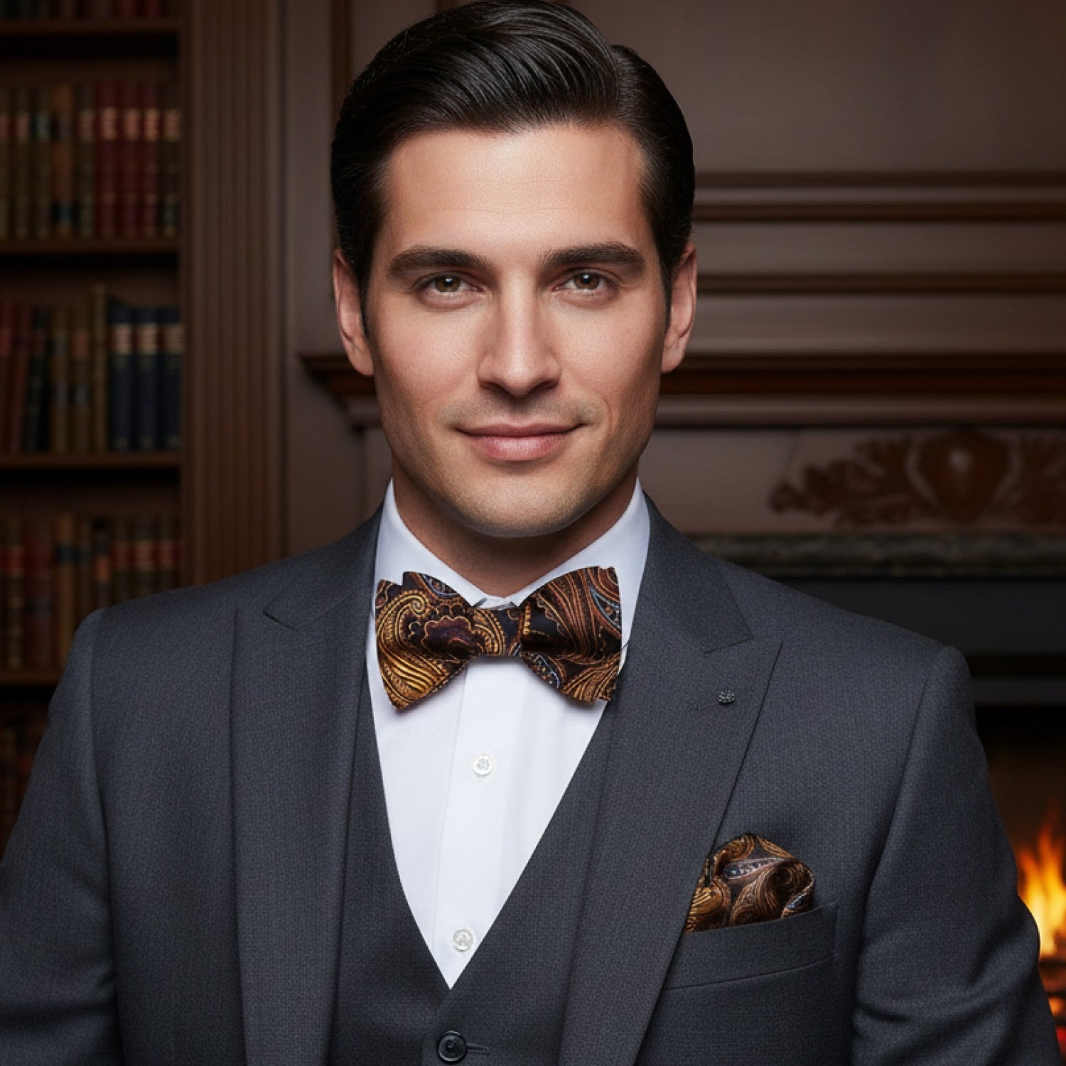 Man wearing a gray suit with a patterned bow tie and pocket square in a room with bookshelves.