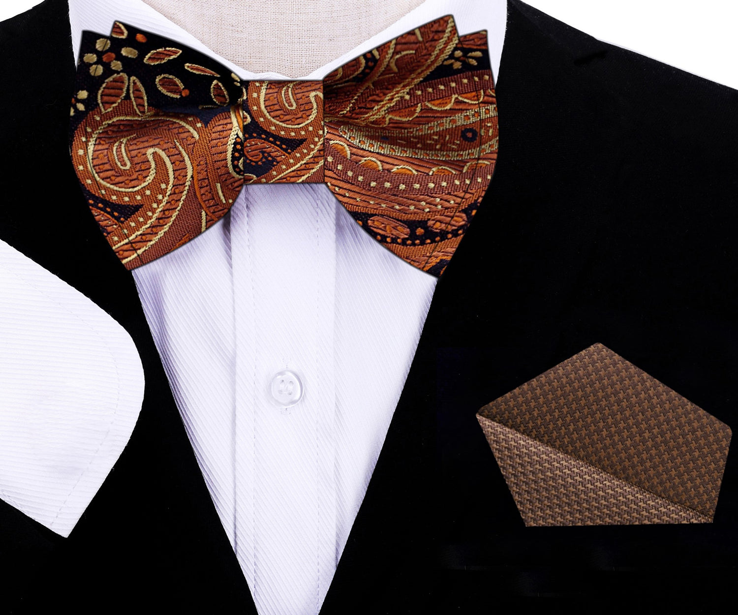 Shades of Brown Paisley Bow Tie and Brown Square On Suit