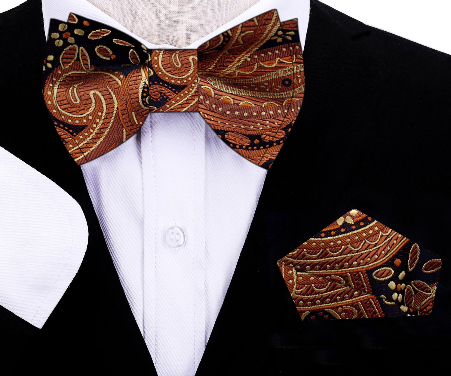 Shades of Brown Paisley Bow Tie and Matching Square On Suit