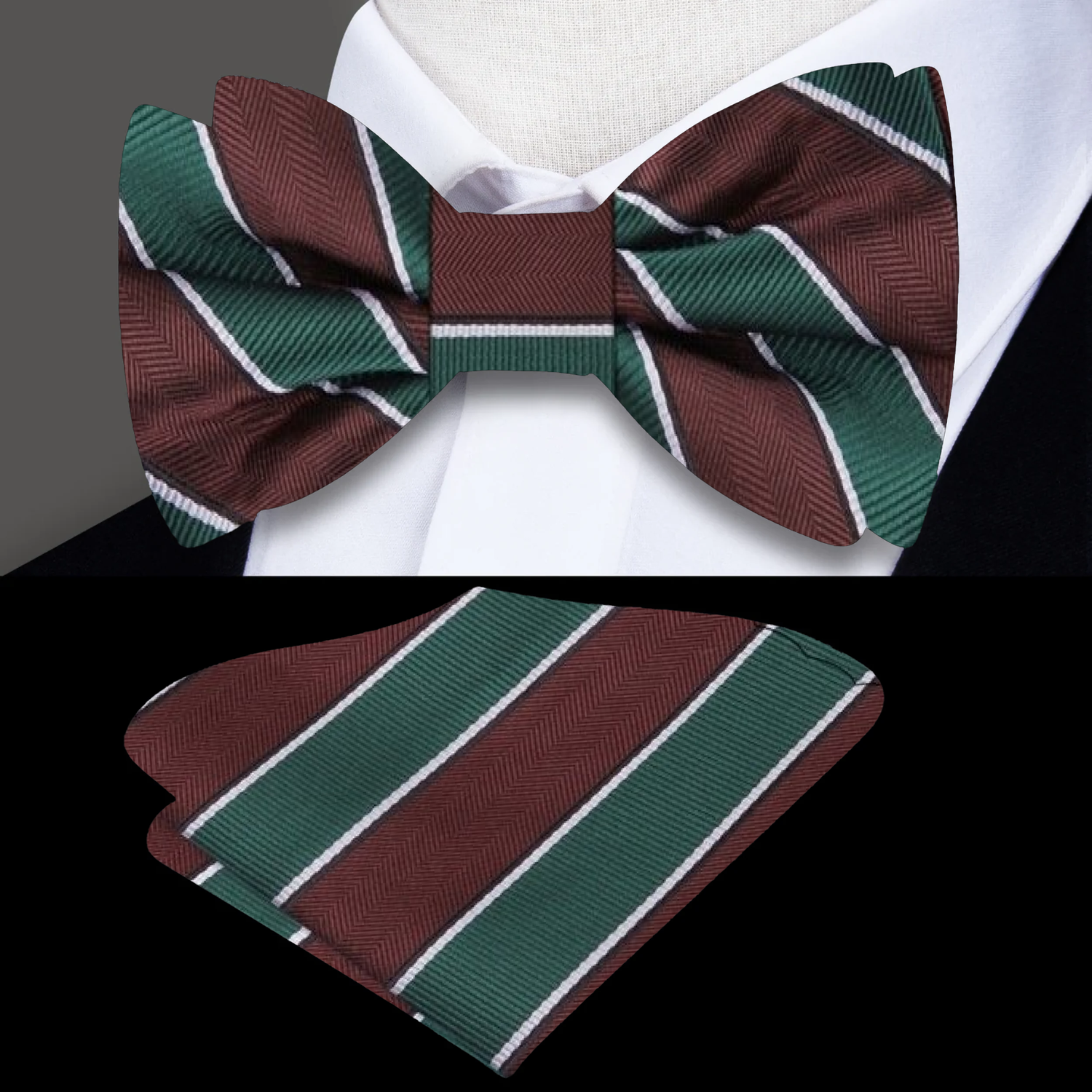 Brown, Green Block Stripe Bow Tie and Square