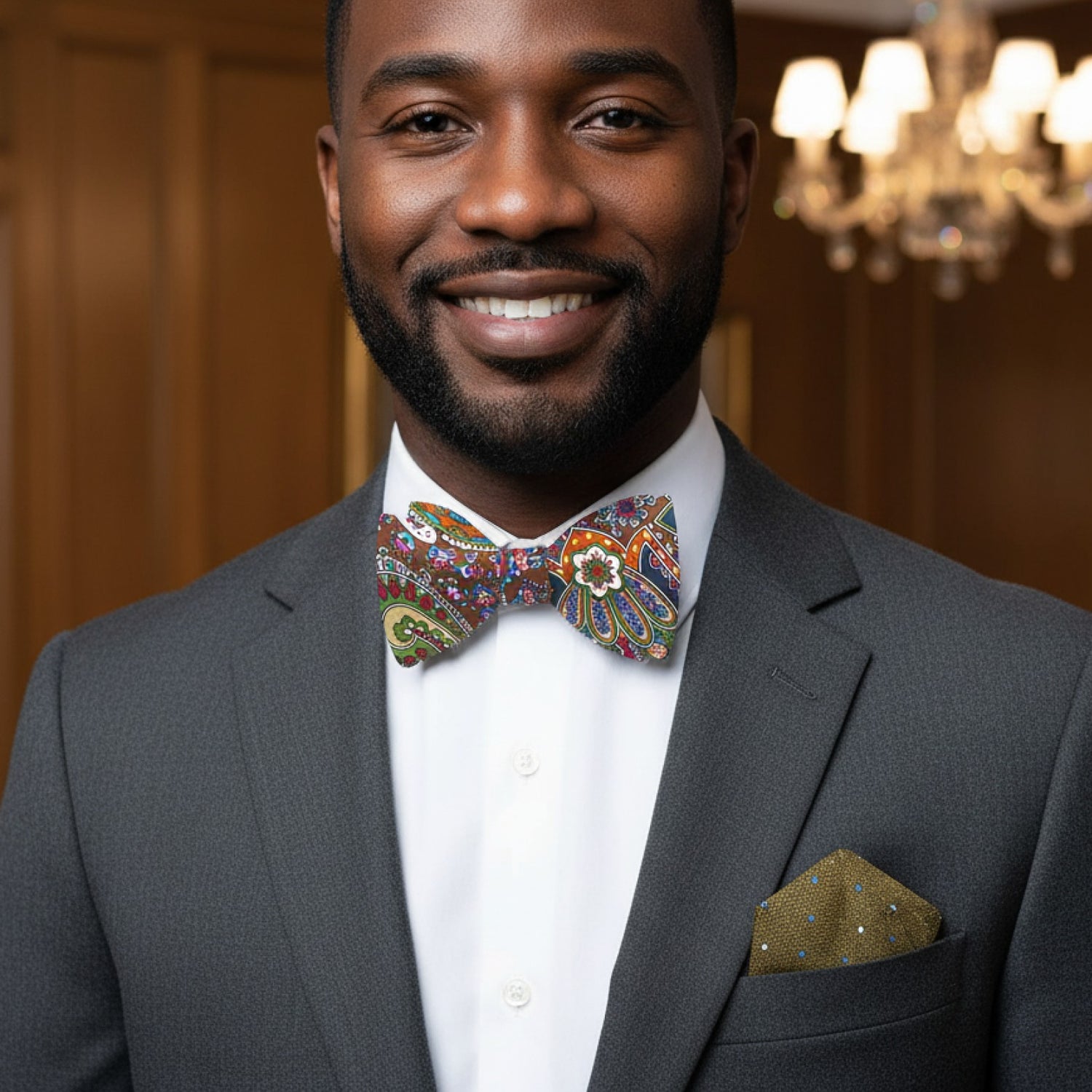 Man wearing a gray suit with a colorful bow tie in an indoor setting
