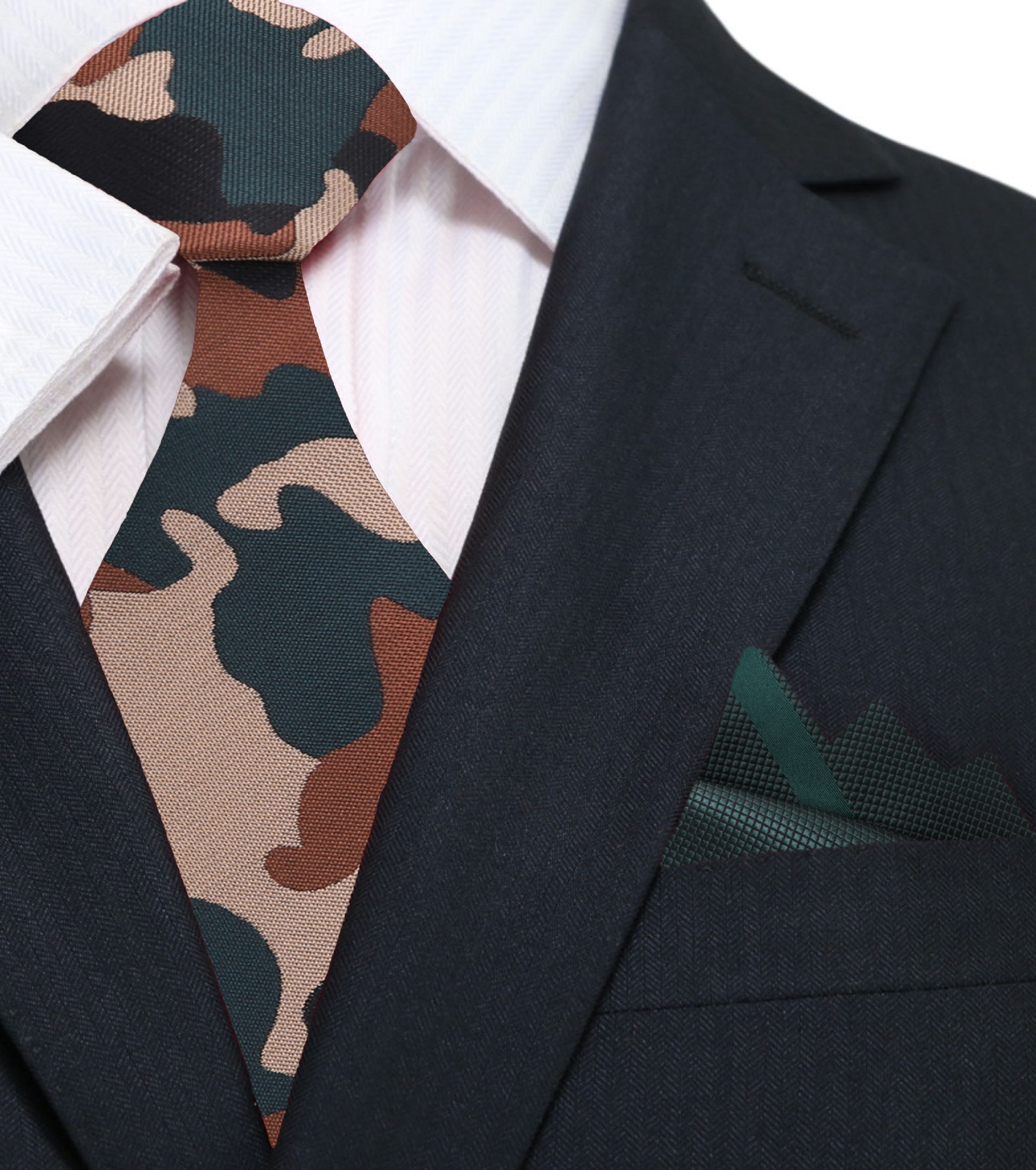 Brown, Black, Green Camouflage Necktie and Dark Green Necktie