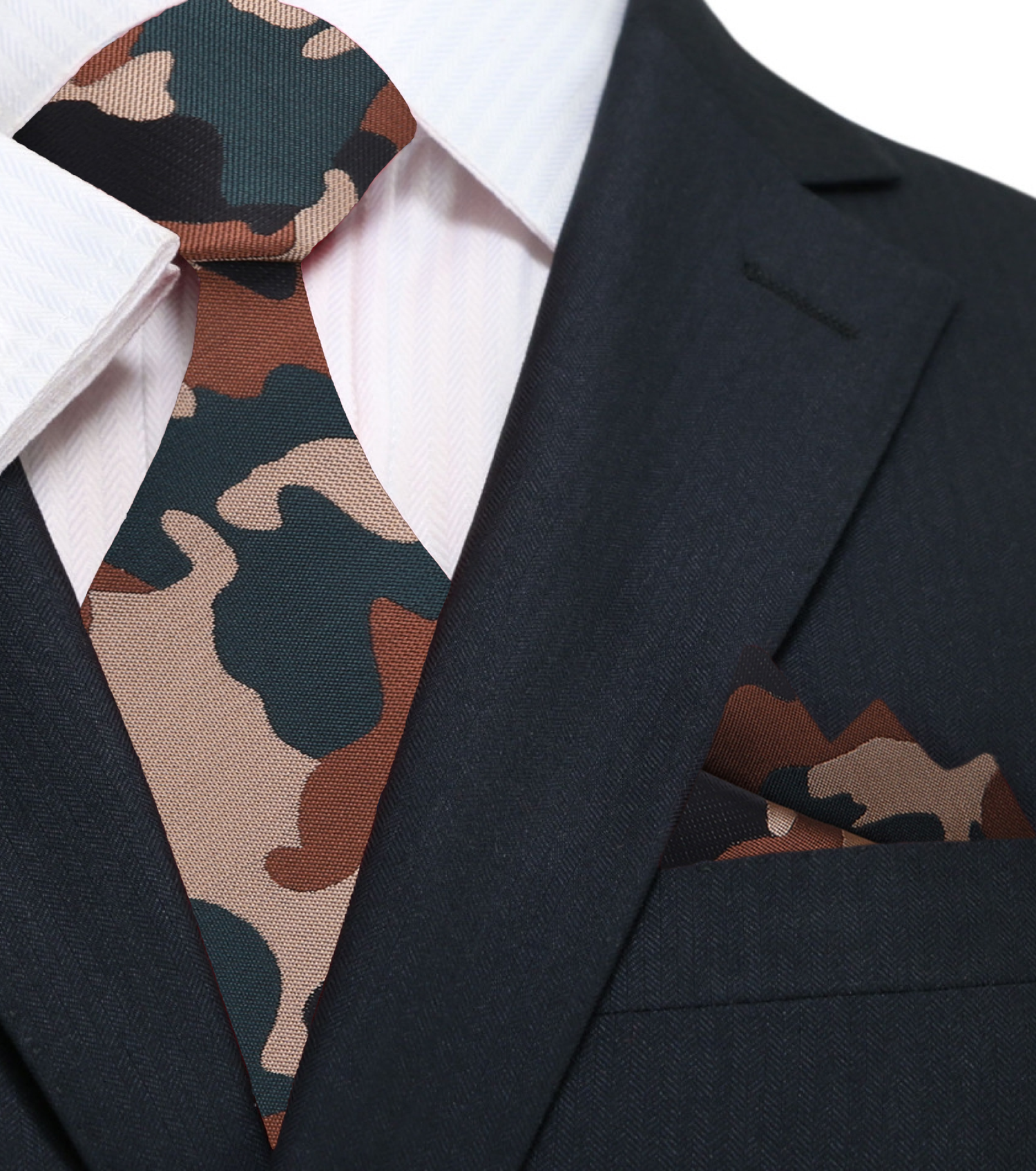 Brown, Black, Green Camouflage Necktie and Matching Square