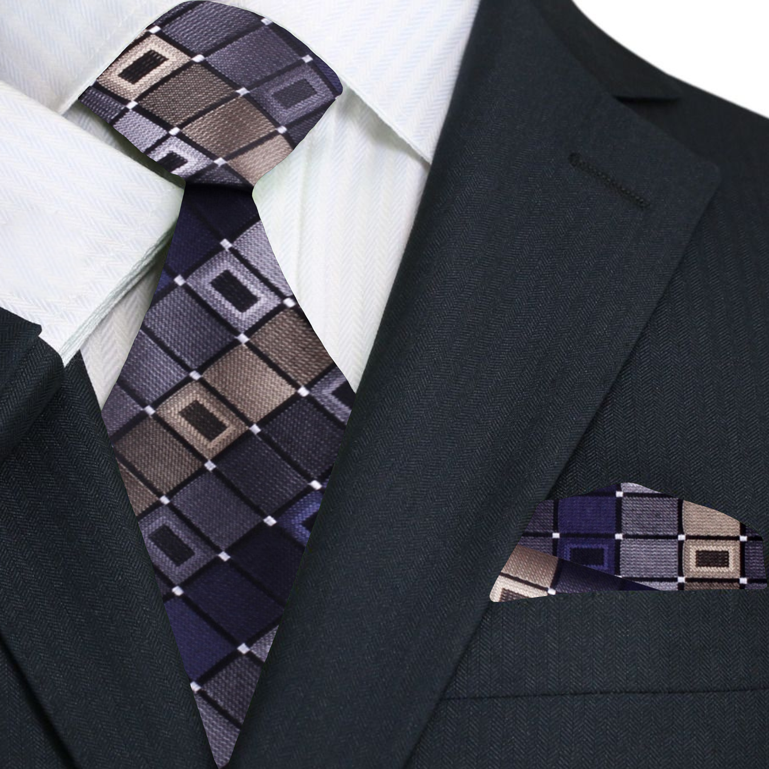 Premium A Brown, Grey Geometric Pattern Silk Necktie, Matching Pocket Square