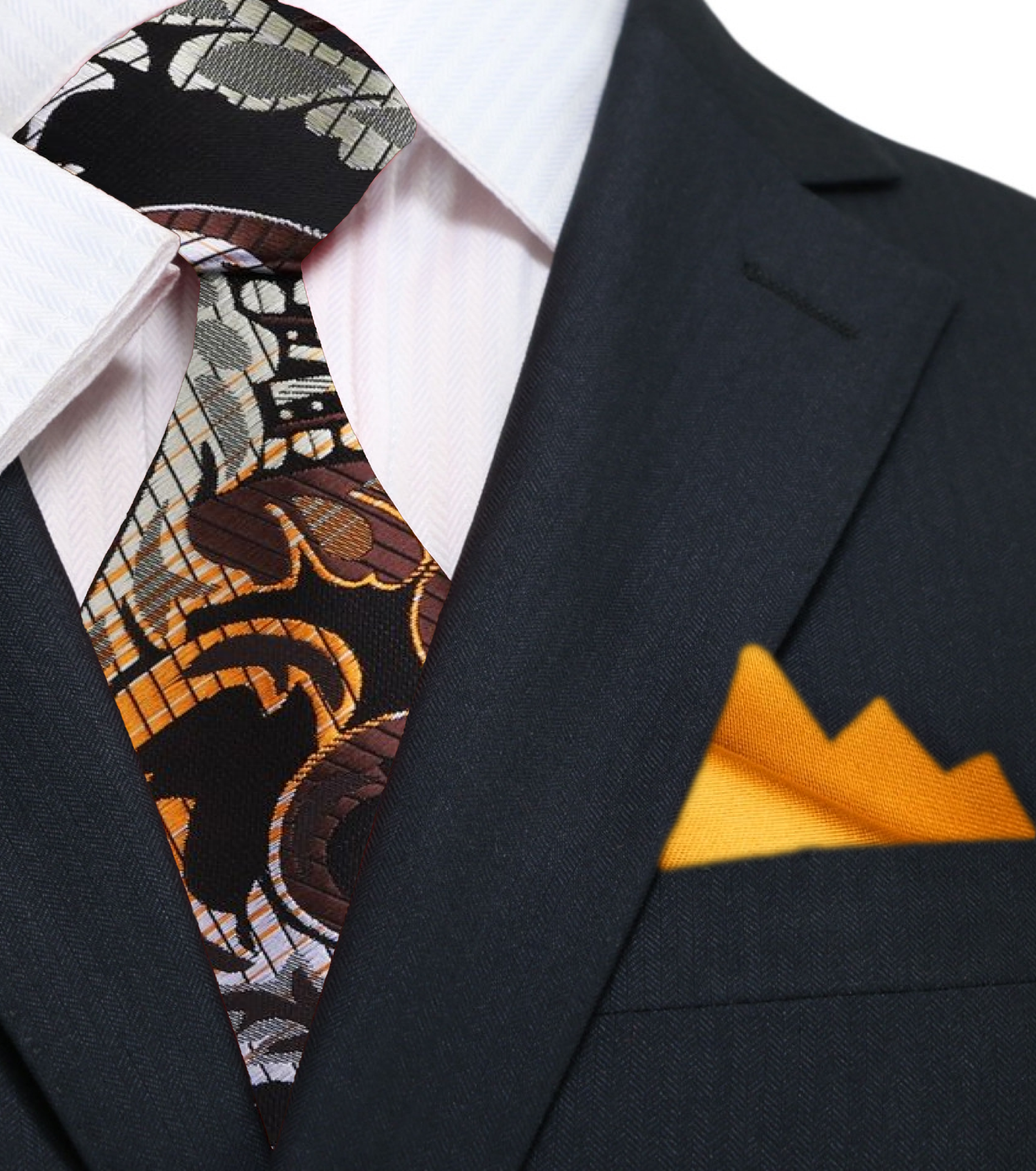 Main: A Brown, Yellow Paisley Pattern Silk Necktie, With Bright Gold Pocket Square