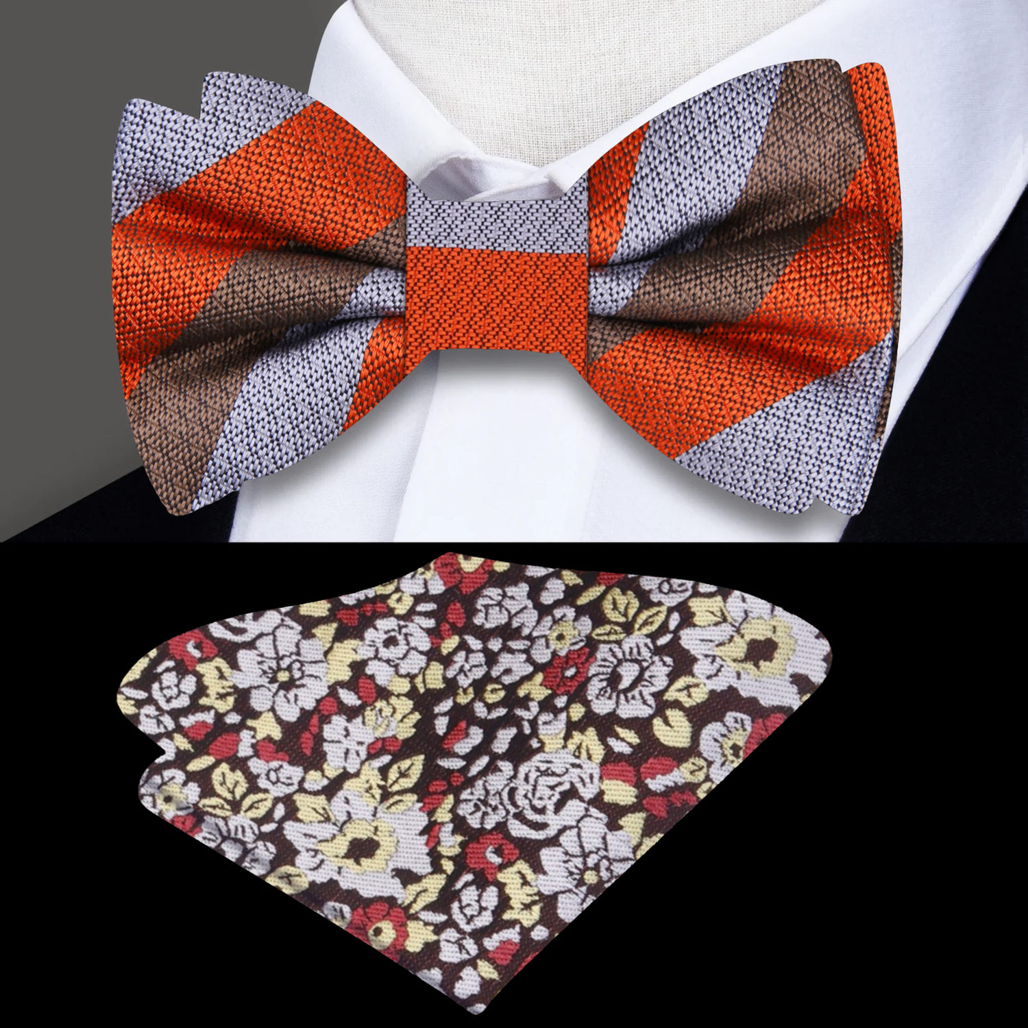 Brown Grey Red Mecca Stripe Bow Tie and Accenting Square