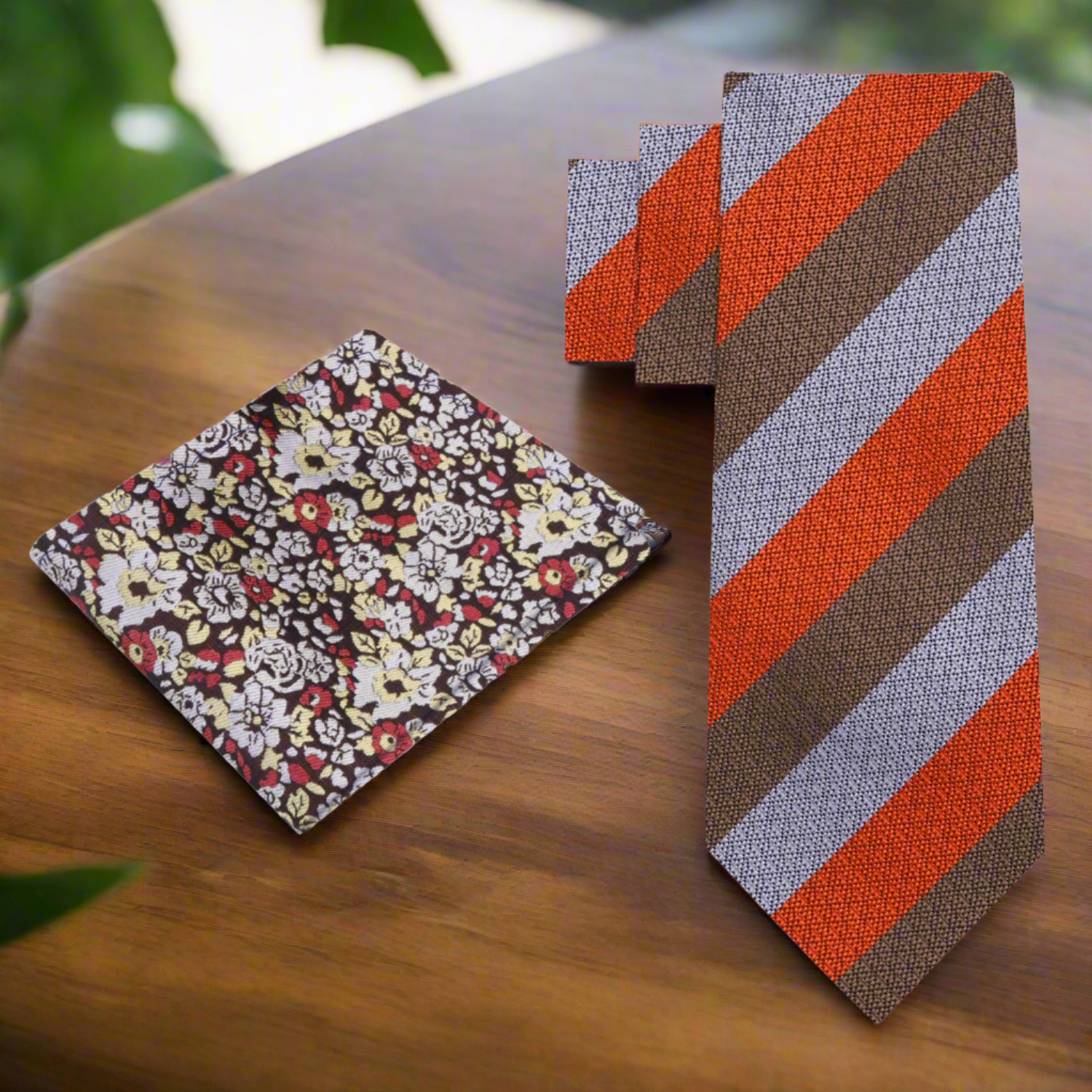 Alt Grey, Brown and Red Stripe Necktie and Accenting Floral Square