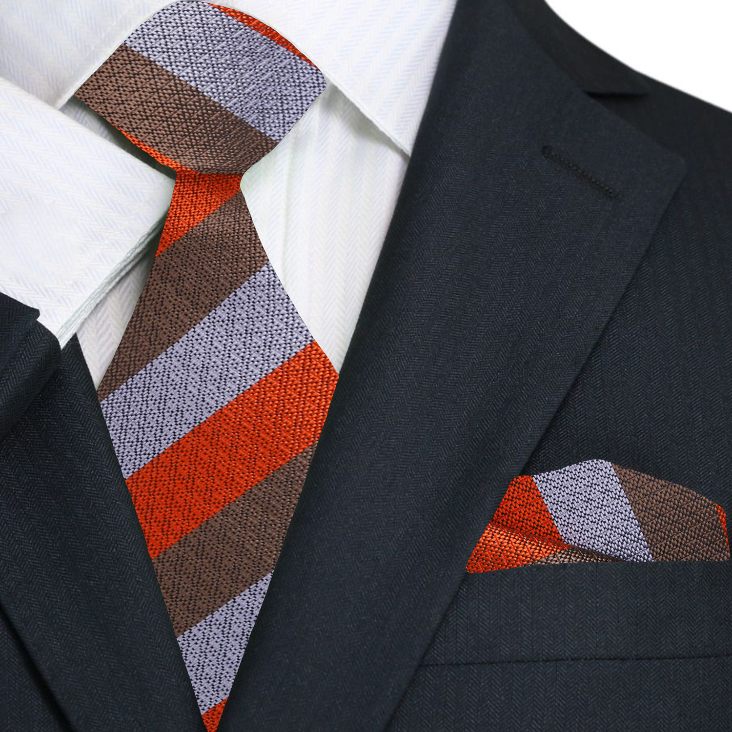 Premium Red, Grey, Brown Stripe Tie and Pocket Square