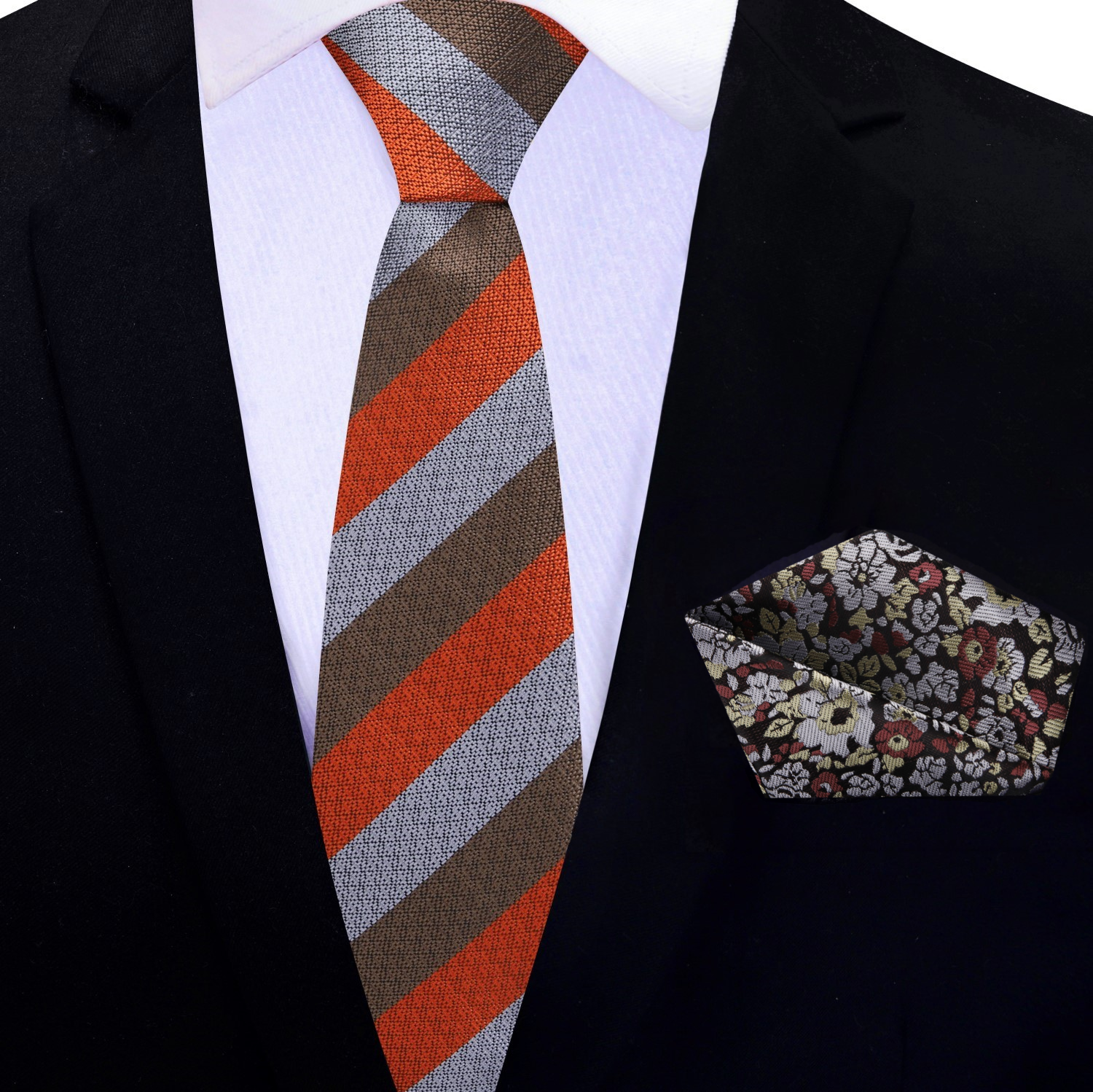 Thin Grey, Brown and Red Stripe Necktie and Accenting Floral Square