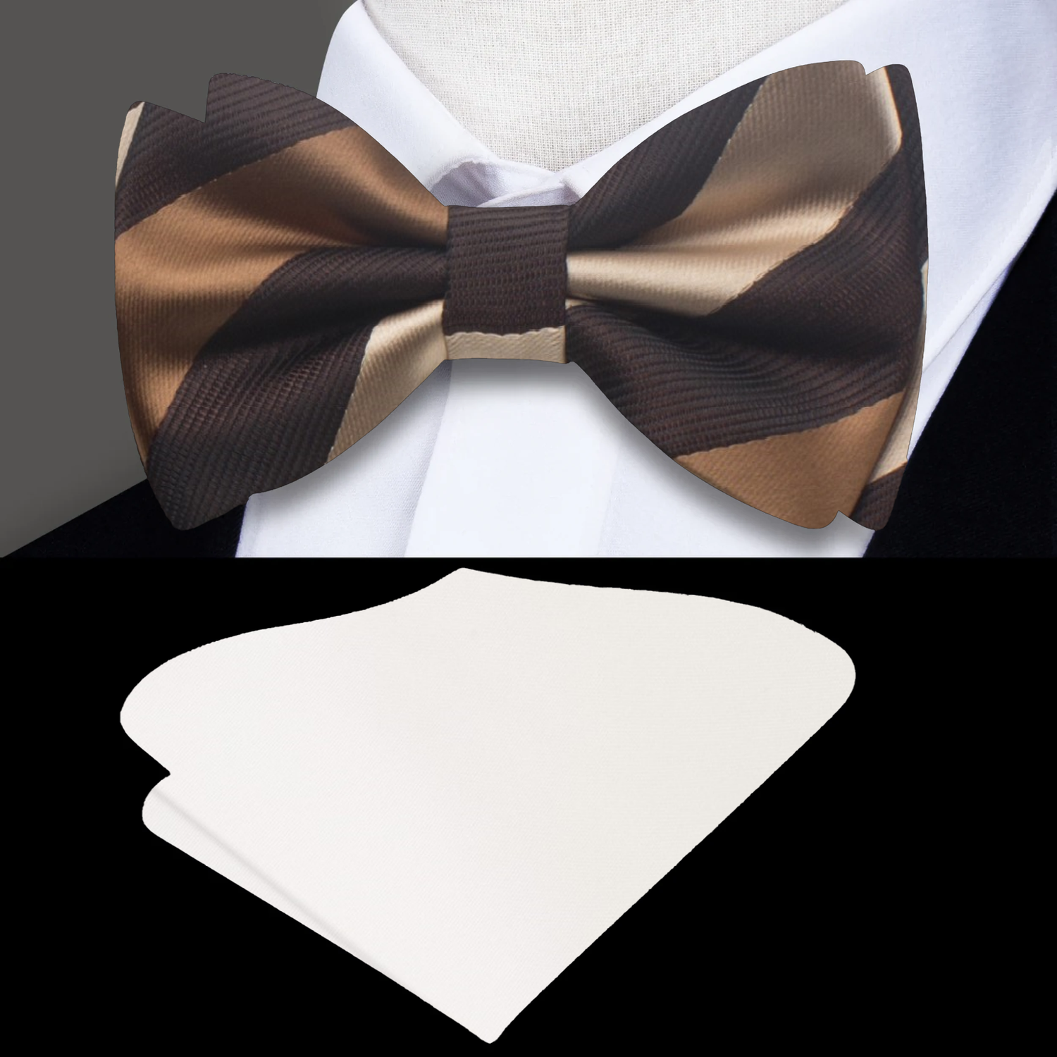 Shades of Golden Brown Block Stripe Bow Tie and Accenting pocket Square