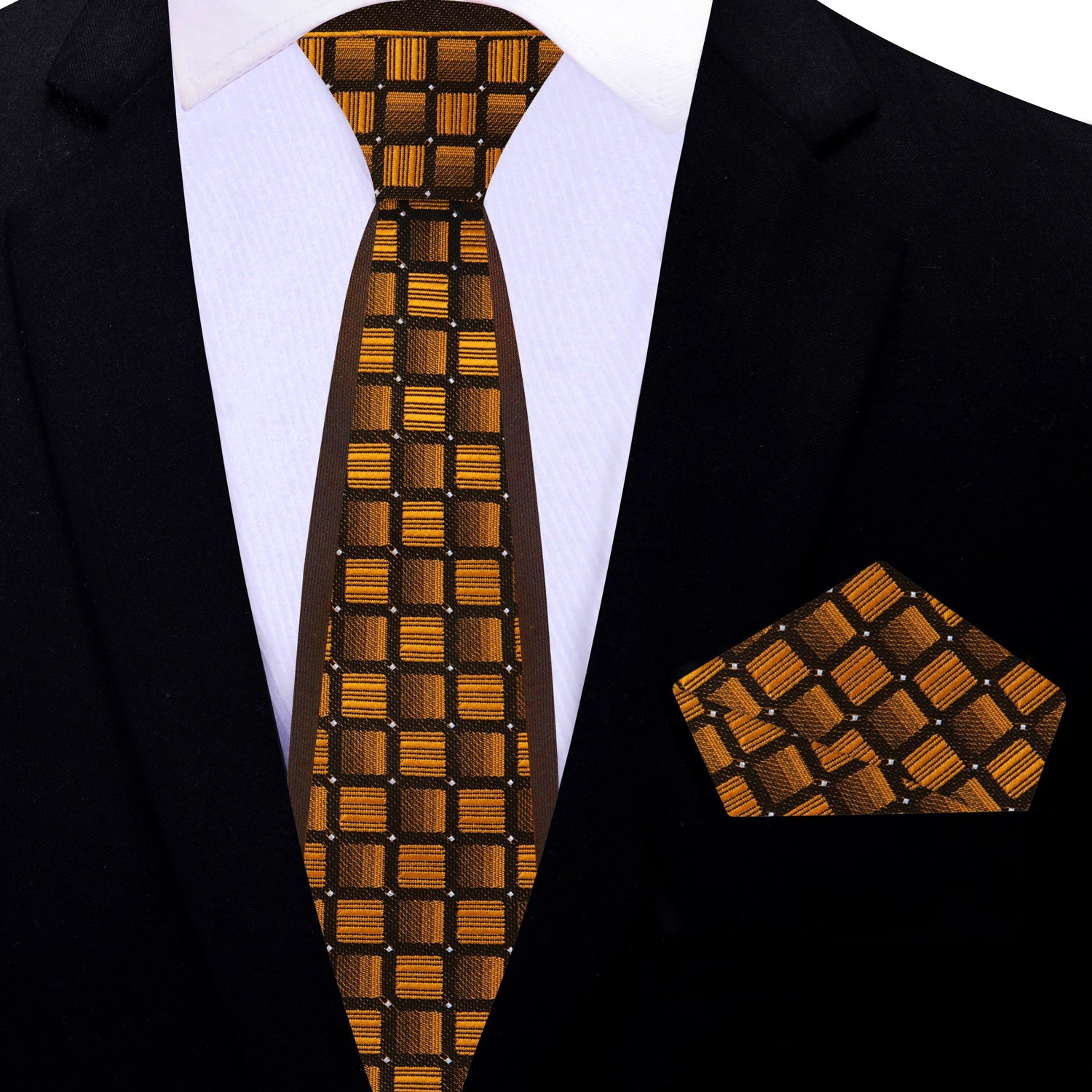 Thin Tie: Golden Brown Geometric Tie and Matching Square