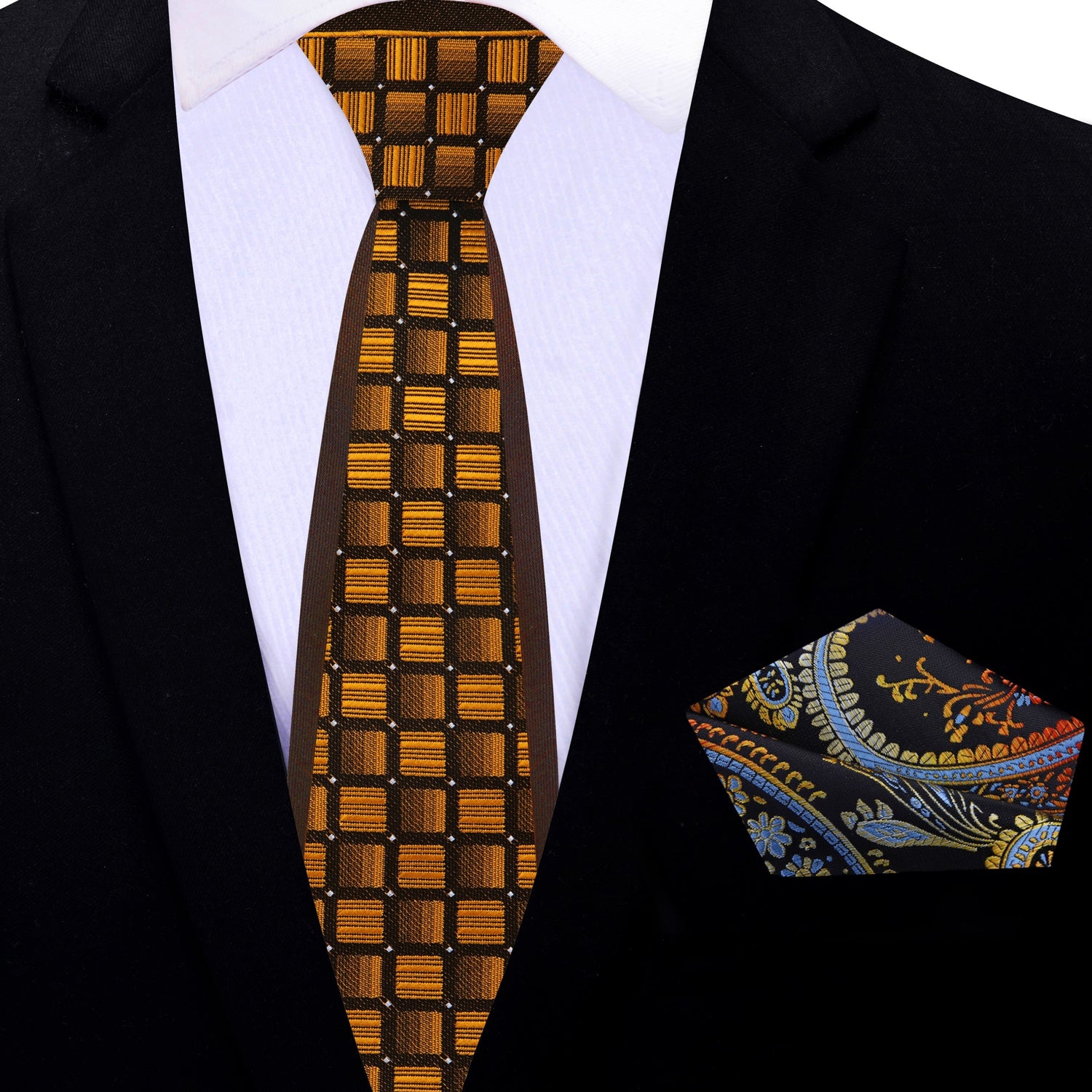 Thin Tie: Golden Brown Geometric Tie and Brown, Yellow and Red Paisley Square