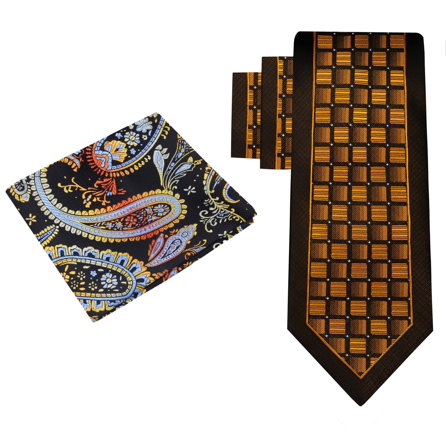 Alt View: Golden Brown Geometric Tie and Brown, Yellow and Red Paisley Square
