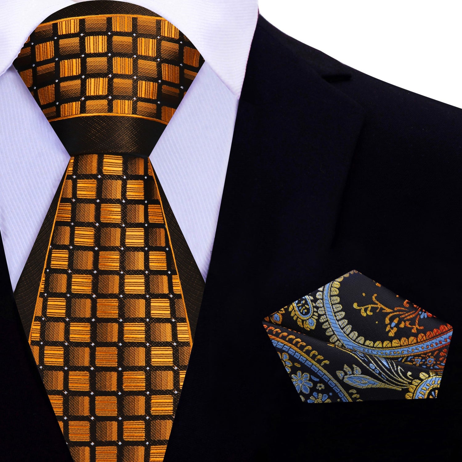 Golden Brown Geometric Tie and Brown, Yellow and Red Paisley Square